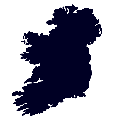 Silhouette of Ireland in dark blue against a black background.