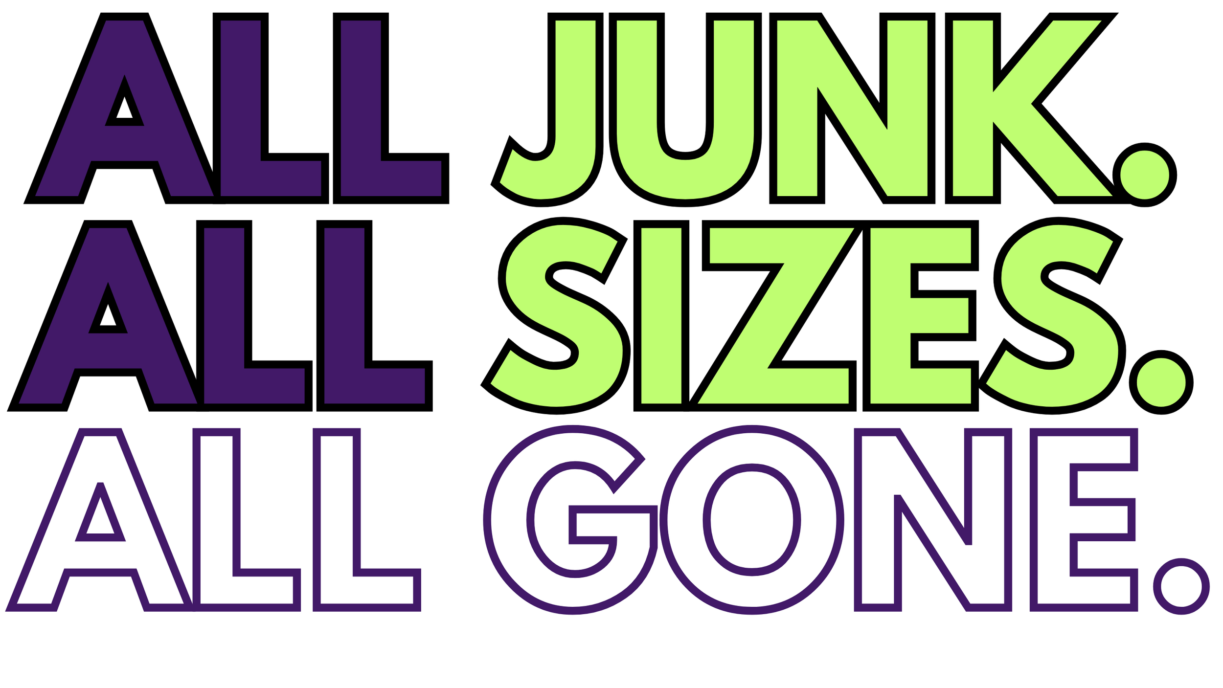 The image features the phrase "All junk. All sizes. All gone." in large, colorful outline letters with a playful style, using purple, green, and black colors.