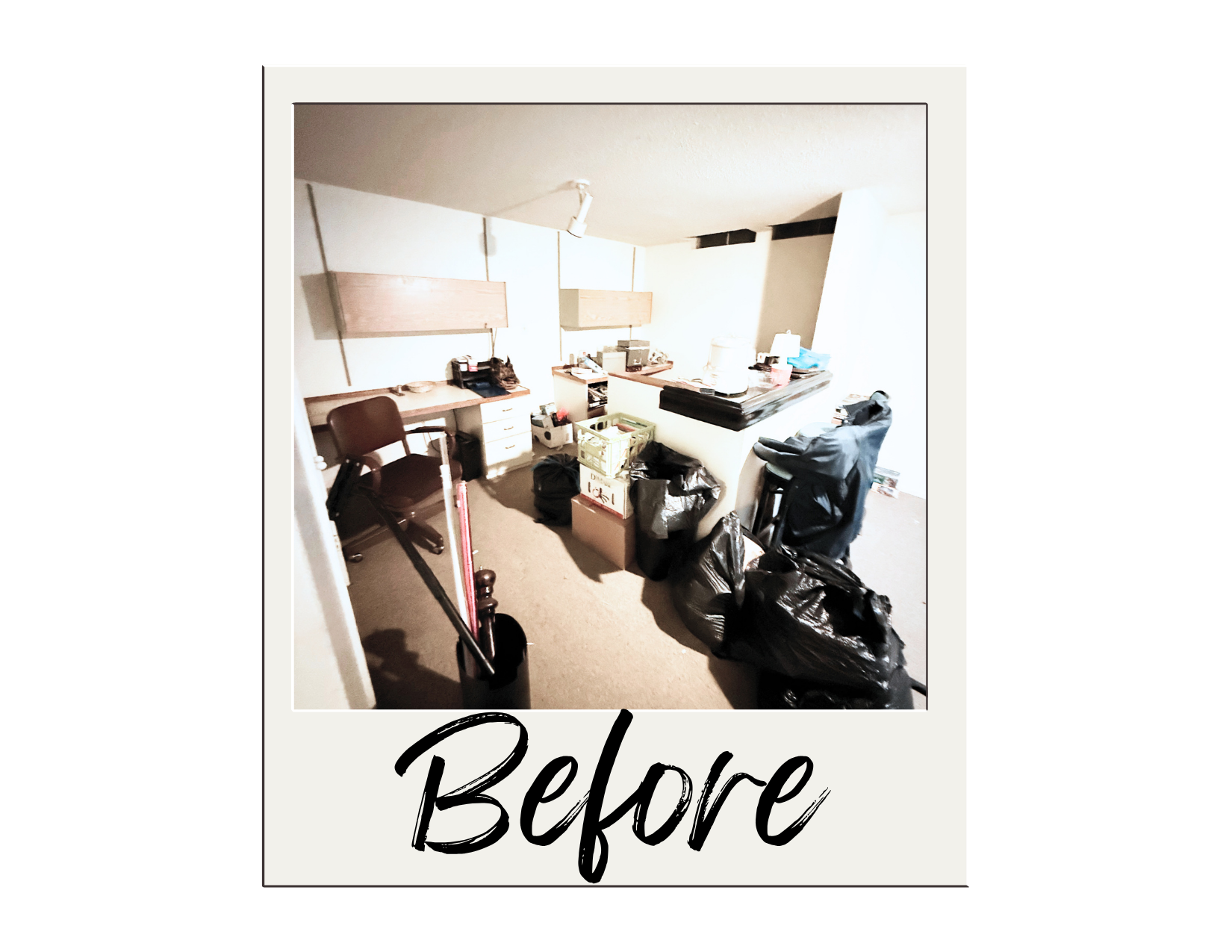 A cluttered office space with trash bags, boxes, a chair, and various items on desks, labeled 'Before'.