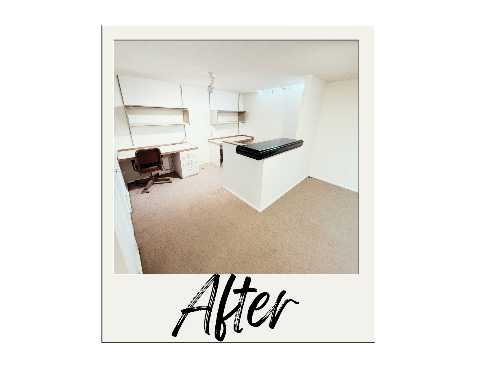 Empty office space with built-in desk and shelves, carpeted floor, and a bar-height counter with a black top, labeled 'After'.