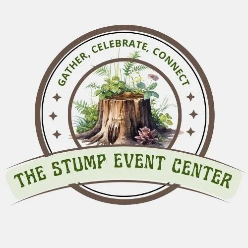 Logo for The Stump Event Center featuring a tree stump with green plants and purple flowers, surrounded by the words "Gather, Celebrate, Connect" and the center name on a banner.