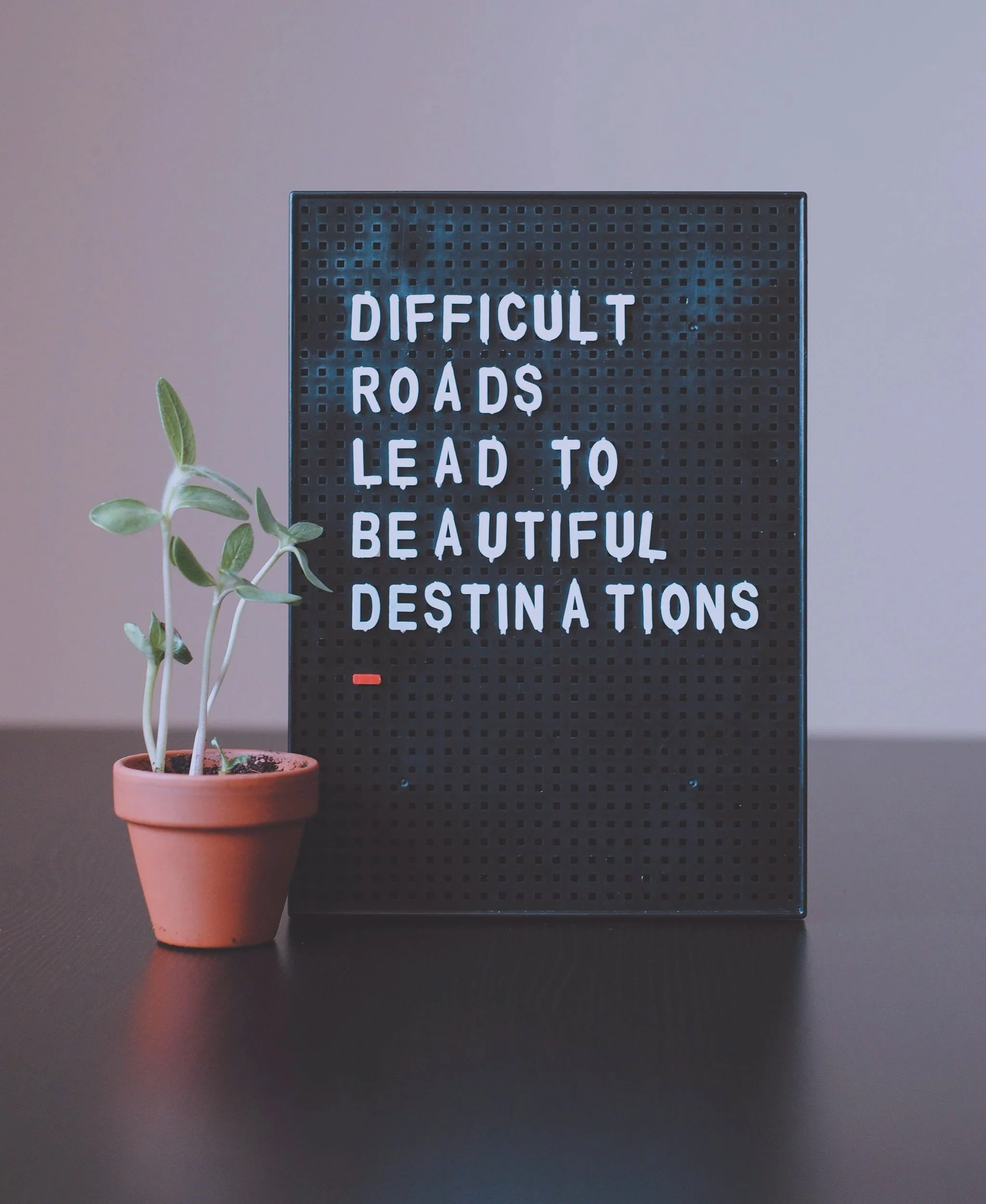 A black letter board with the quote 'Difficult roads lead to beautiful destinations' written in white letters, placed on a dark surface next to a small potted plant with green leaves.