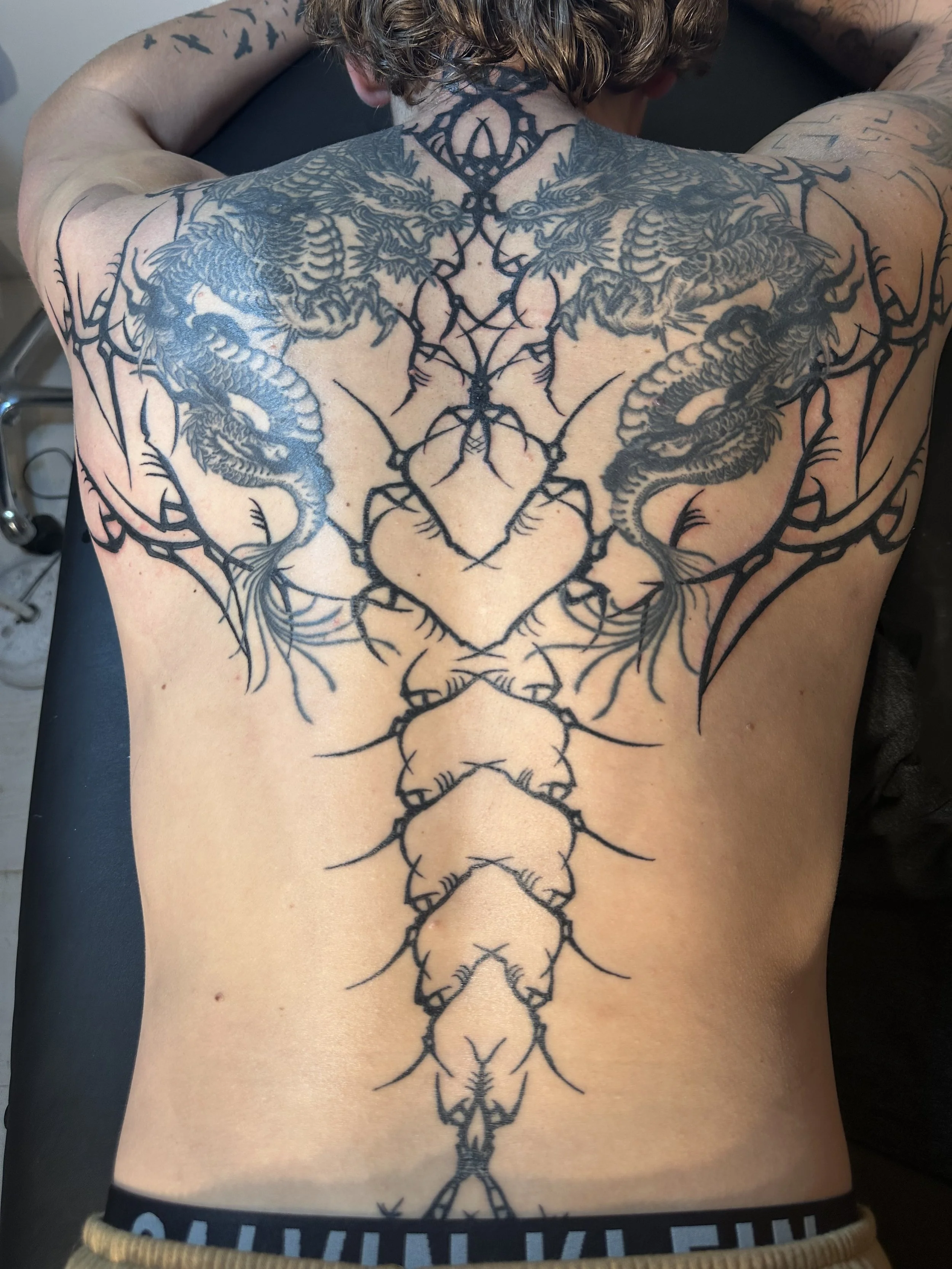 A person's back with a large, symmetrical black tattoo featuring two fierce dragons facing each other, with a tiger or lion face at the bottom and intricate tribal-style lines.