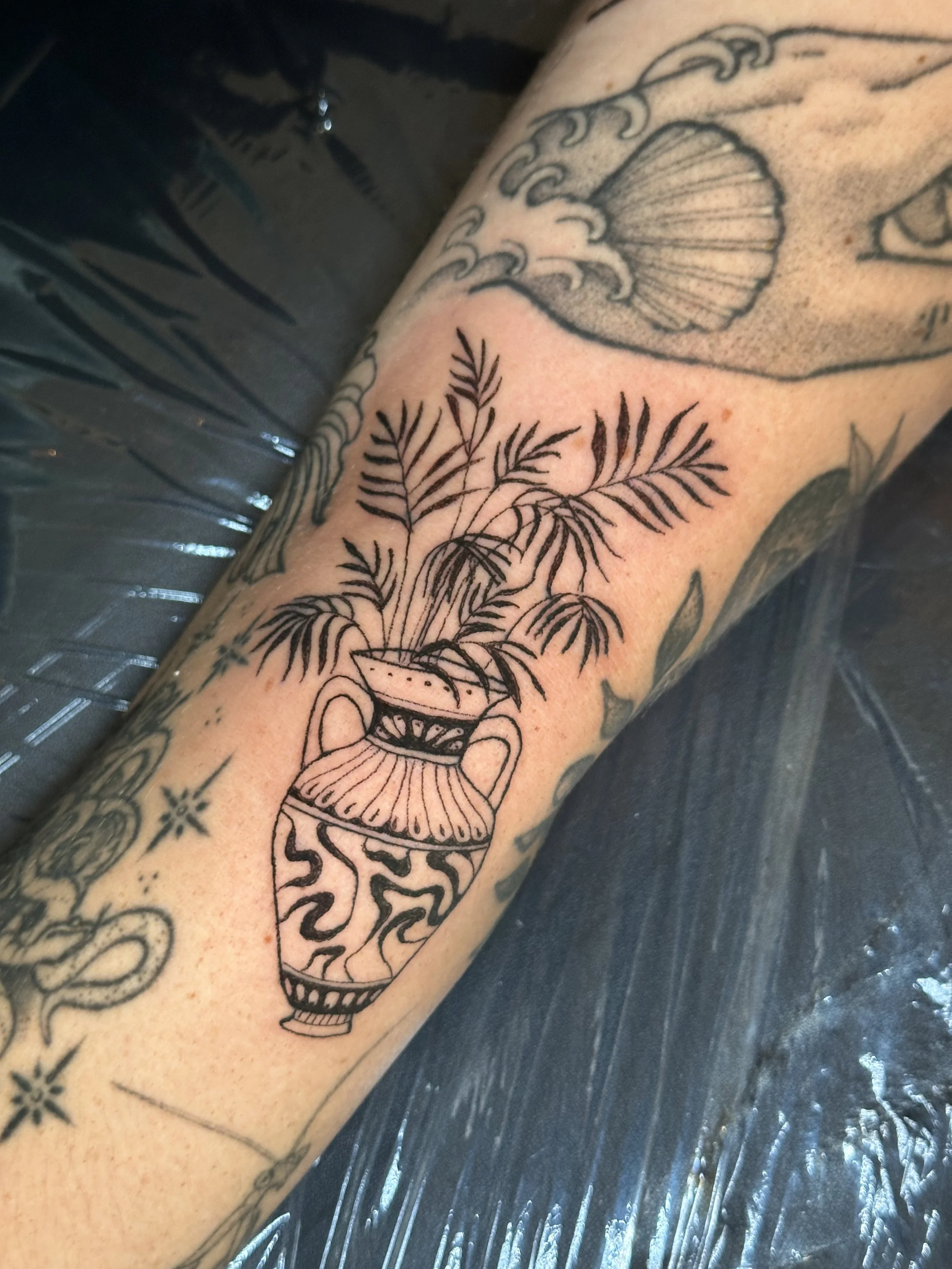 Tattoo of a vase with plant and leaves on person's forearm.