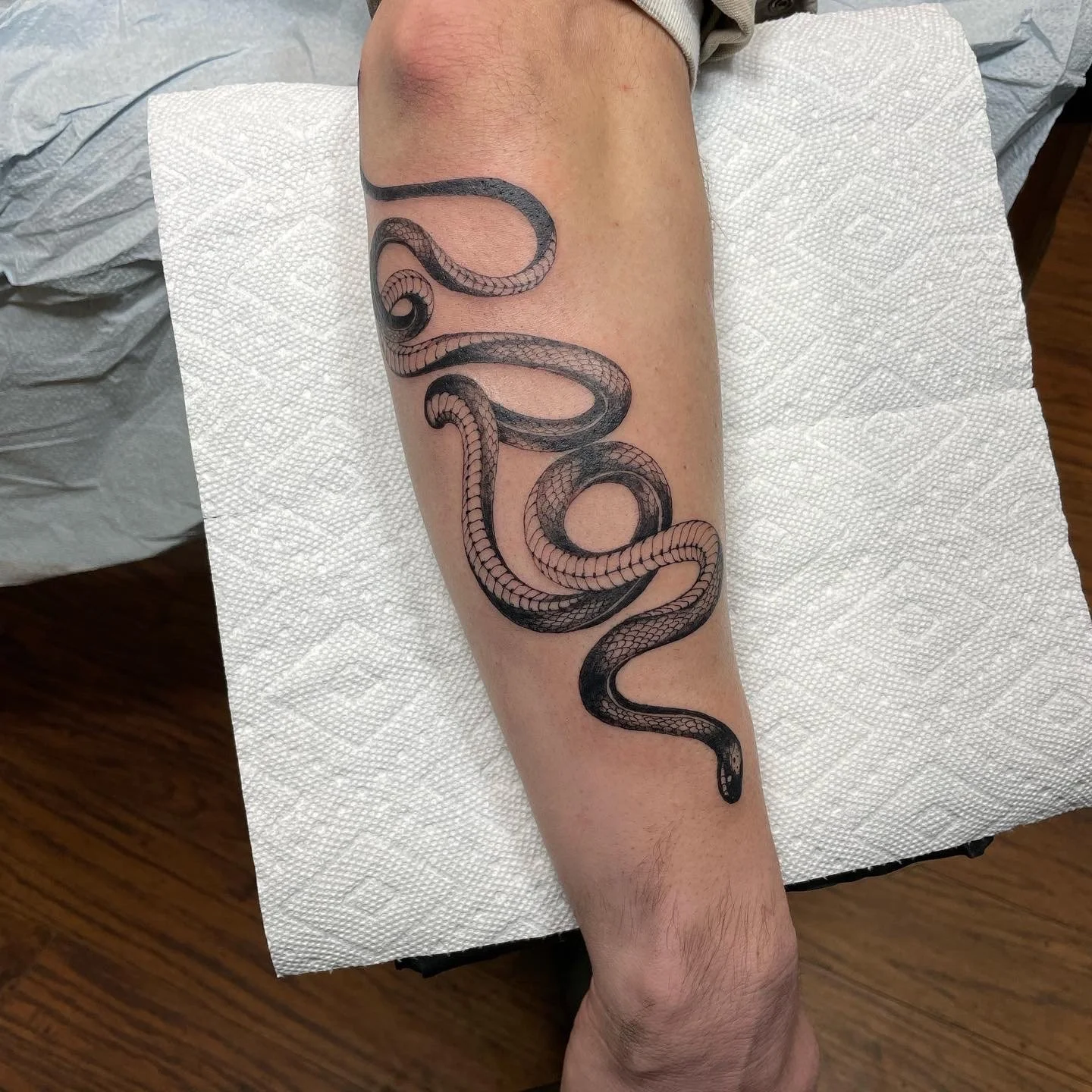 A tattoo of a black and gray realistic snake coiled along a person's forearm.