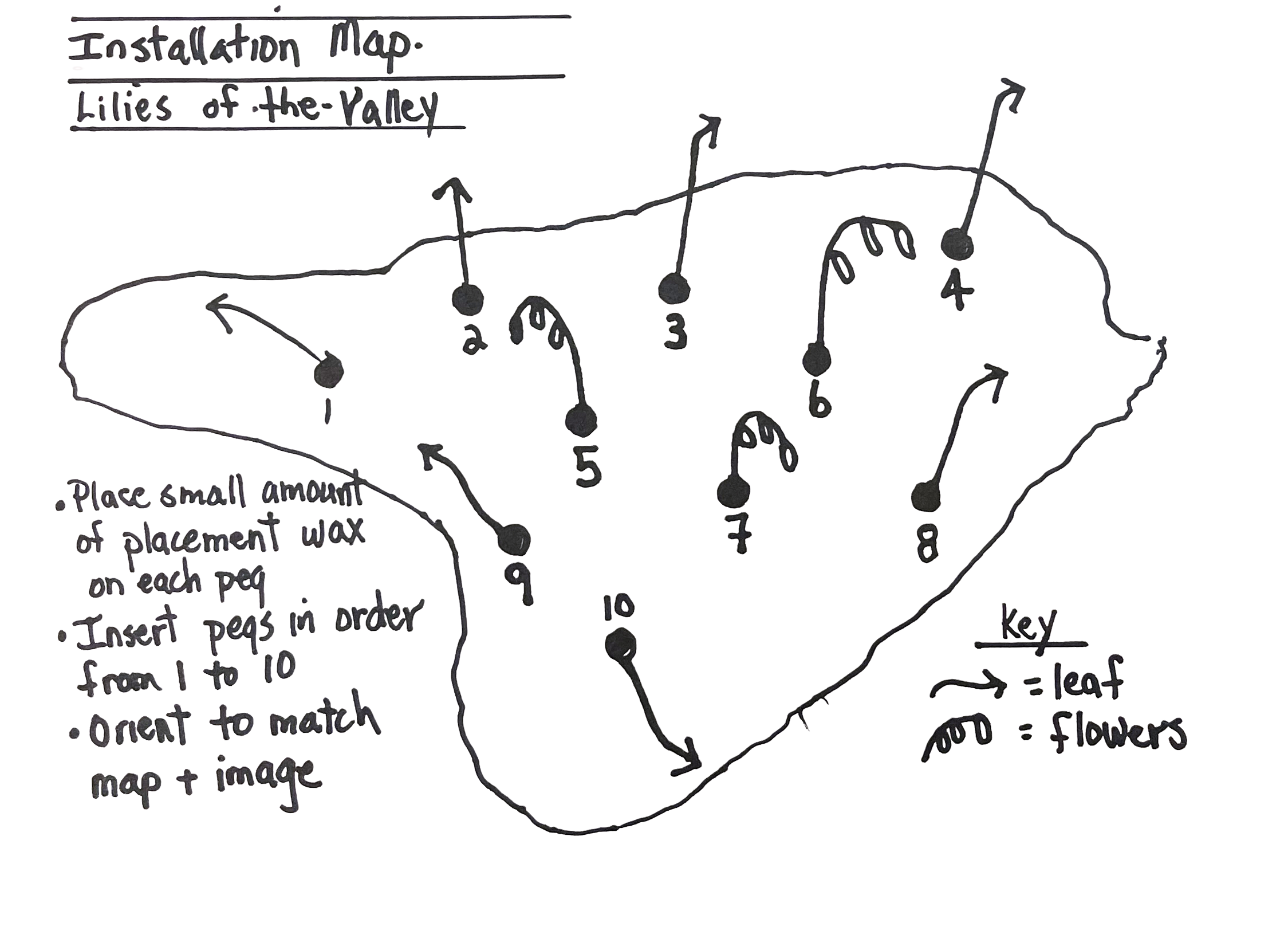Hand-drawn map titled "Installation Map. Lilies of the Valley" showing numbered locations connected with arrows, with handwritten instructions and symbols indicating placement of lilies.