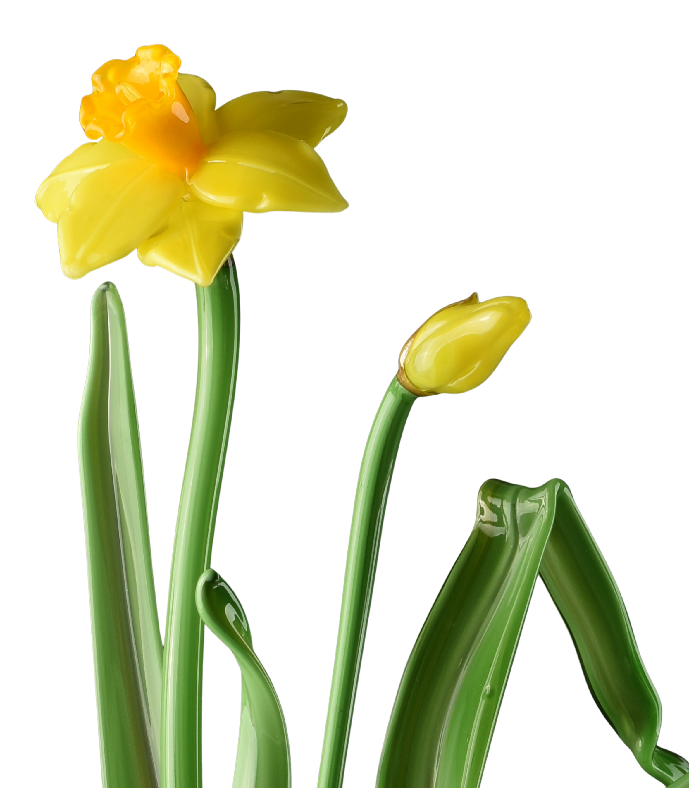 Yellow glass daffodil with a closed bud on the right, green stems and leaves, against a black background.
