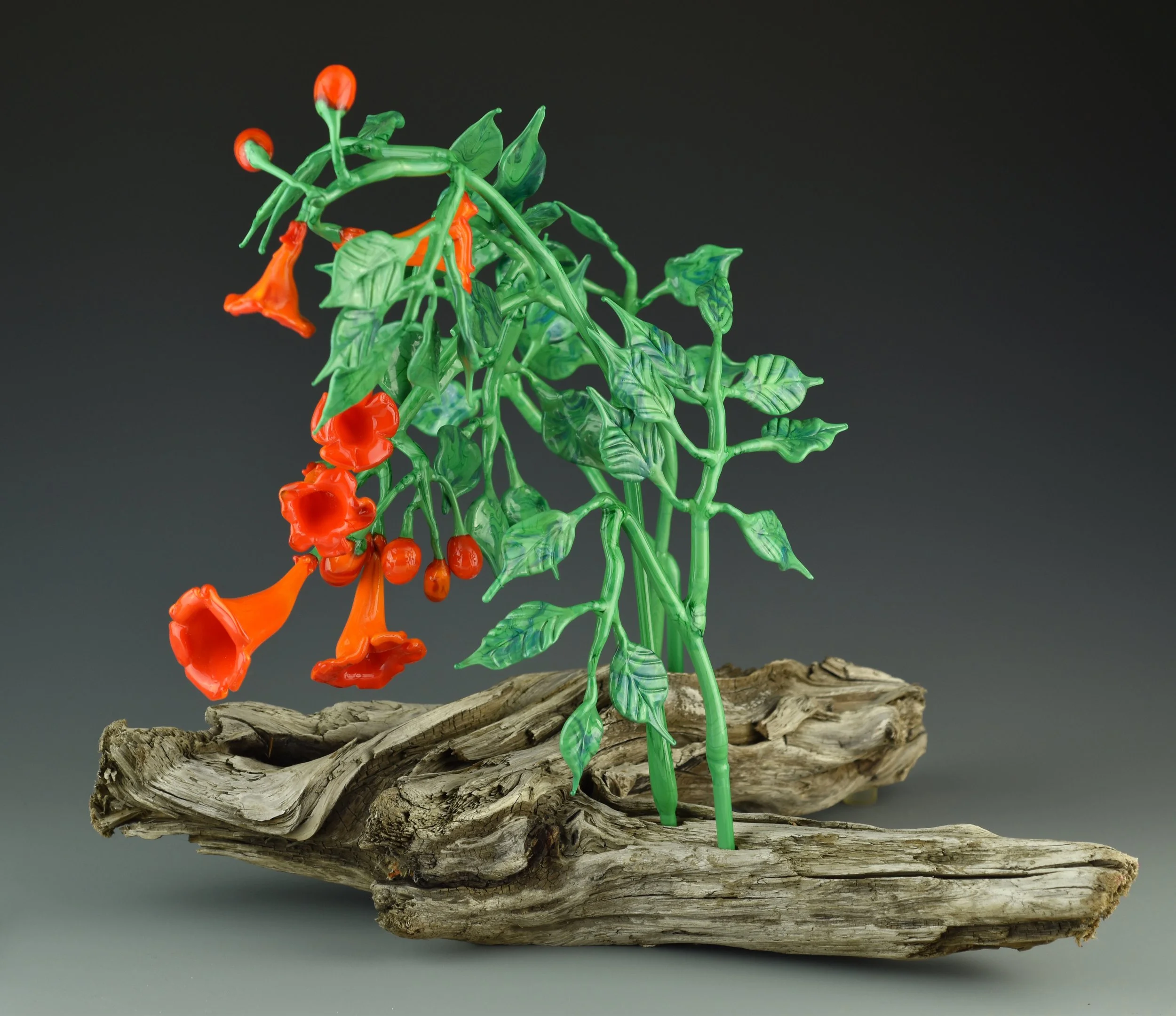 Colorful plastic plant sculpture with red flowers, green leaves, and stems placed on a piece of weathered wood against a dark background.