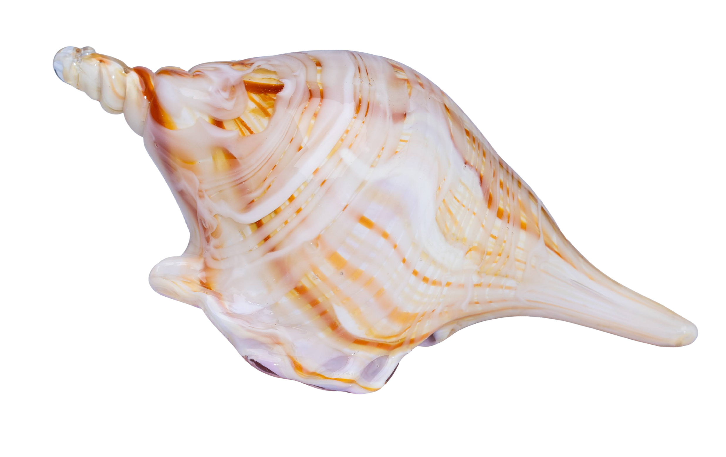Close-up of a colorful glass seashell with orange, pink, and white patterns.