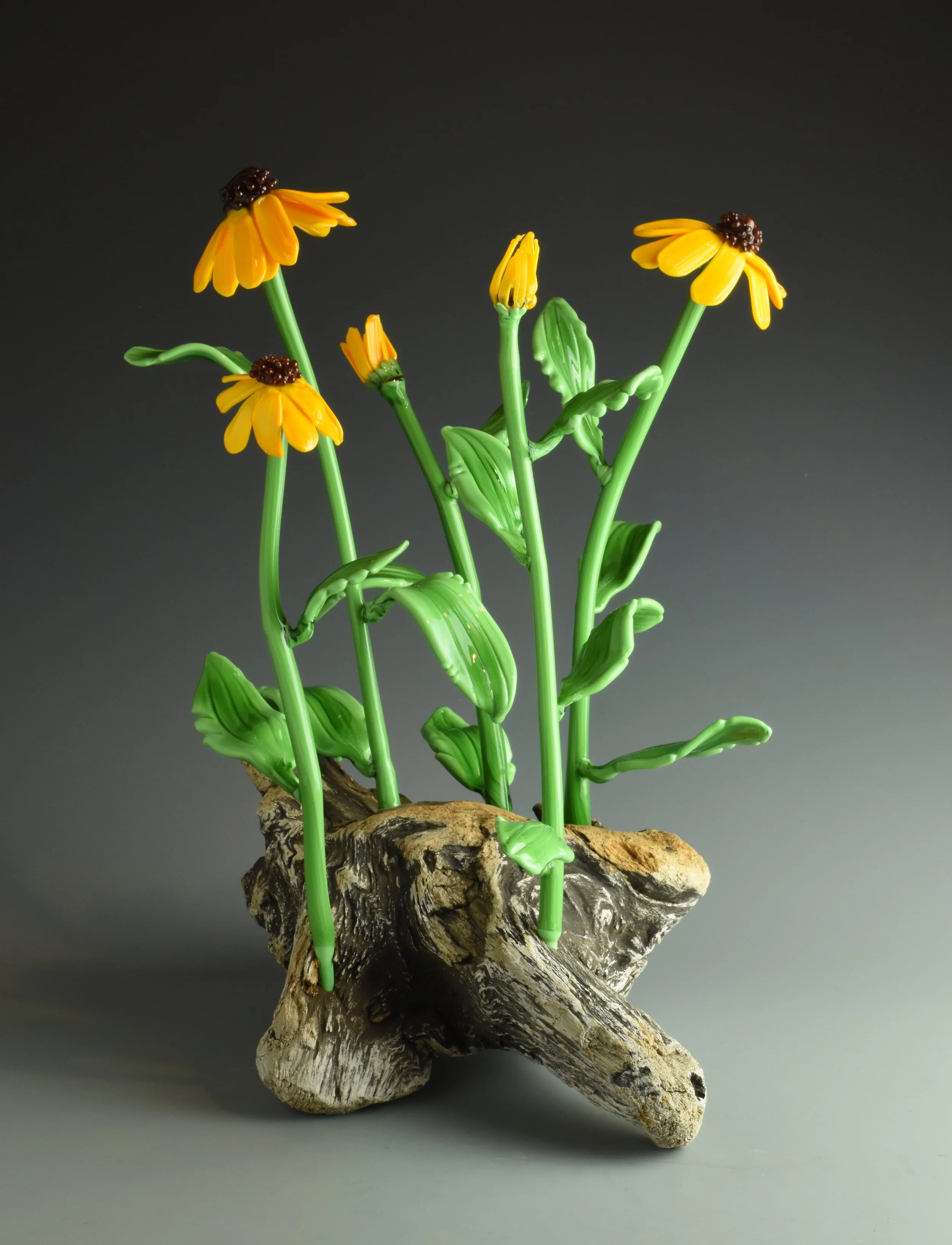 A decorative arrangement of yellow flowers with brown centers attached to green stems and leaves, mounted on a piece of driftwood, against a dark background.