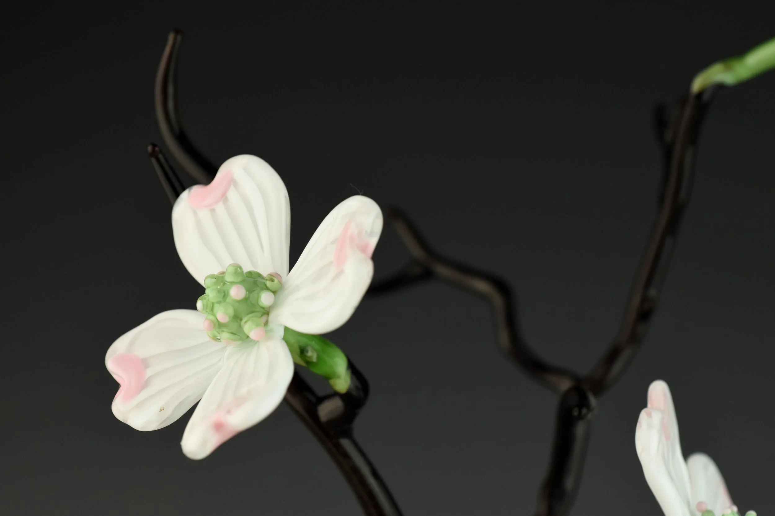 A close-up of a decorative white flower with pink accents and green central parts, attached to a black hairpin against a dark background.