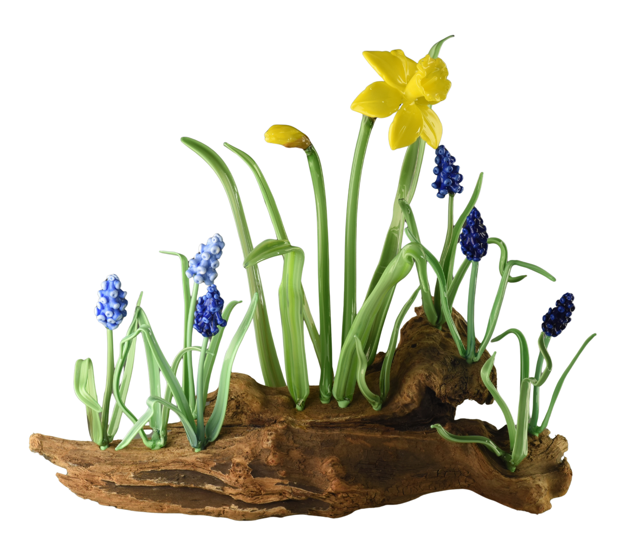 Artificial yellow daffodil, purple grape hyacinth, and green leaves on a small piece of wood with black background.