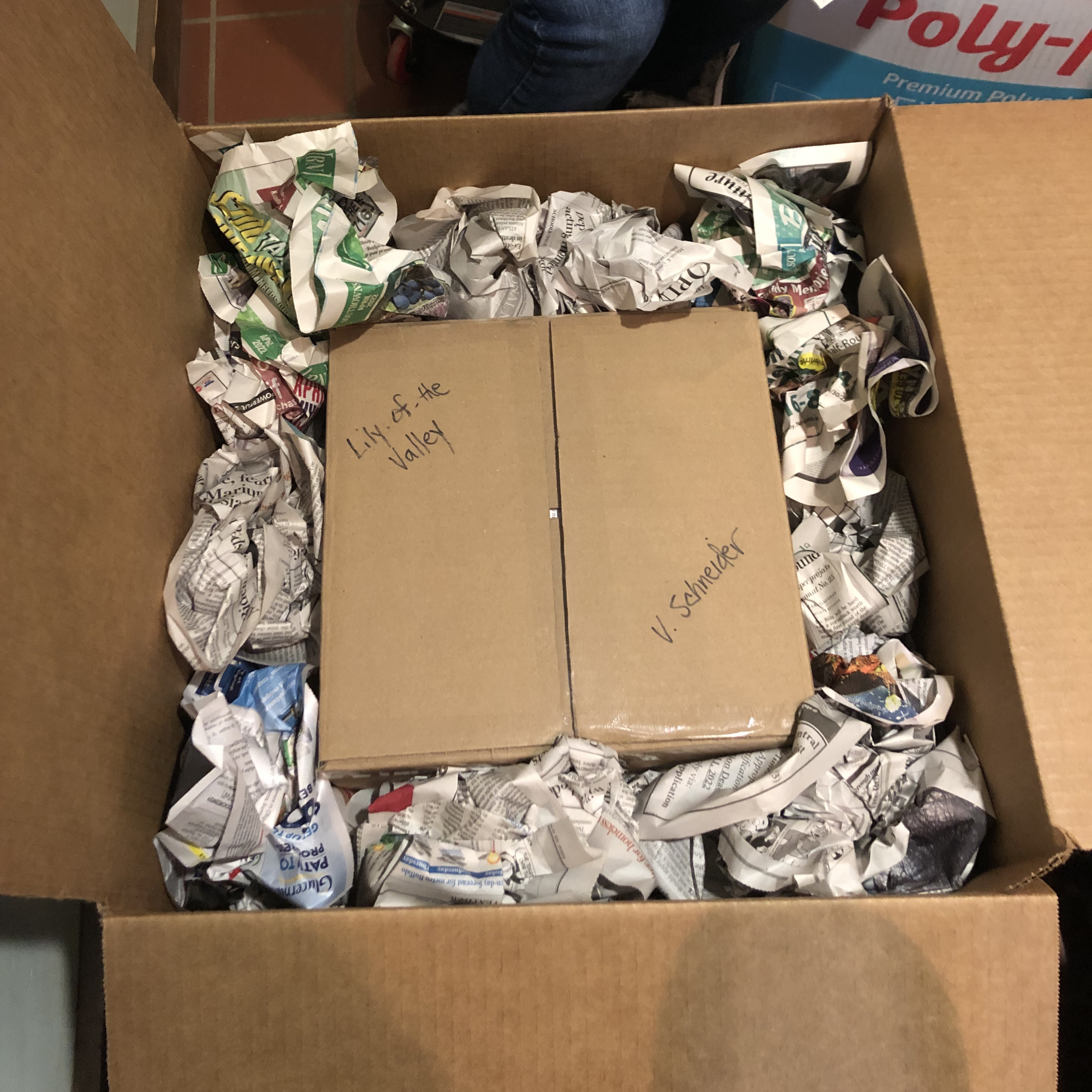 Open cardboard box filled with crumpled newspaper and cardboard pieces, with a handwritten note on the side. The background includes people and a large box or bag.