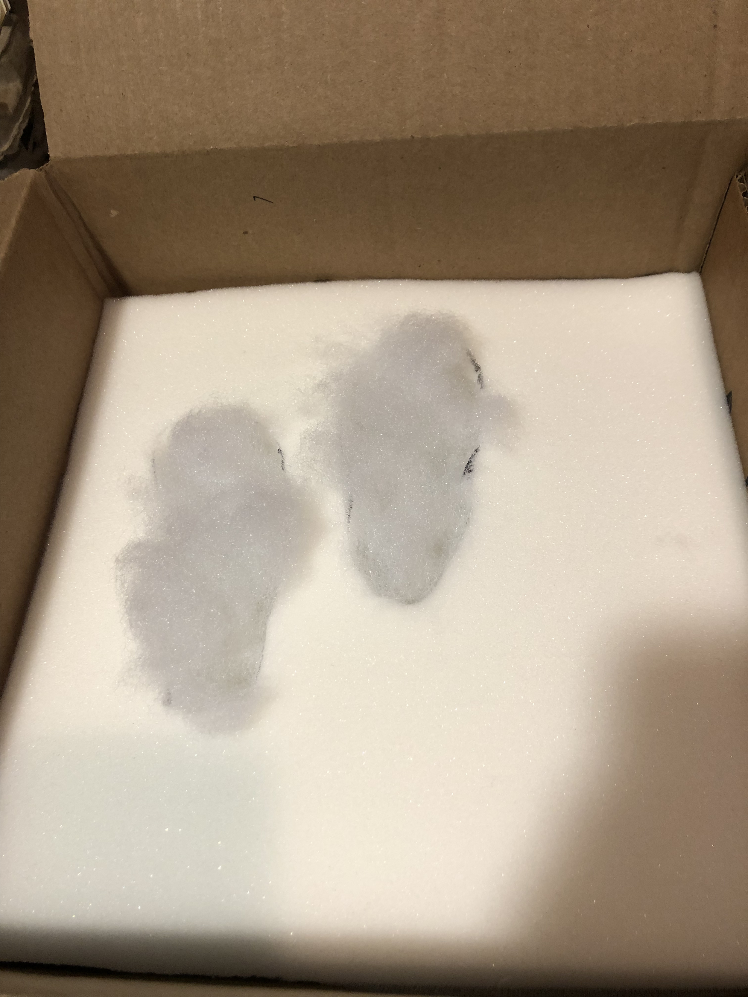 A cardboard box with white foam padding inside, containing three dark-colored objects partially embedded in the foam.