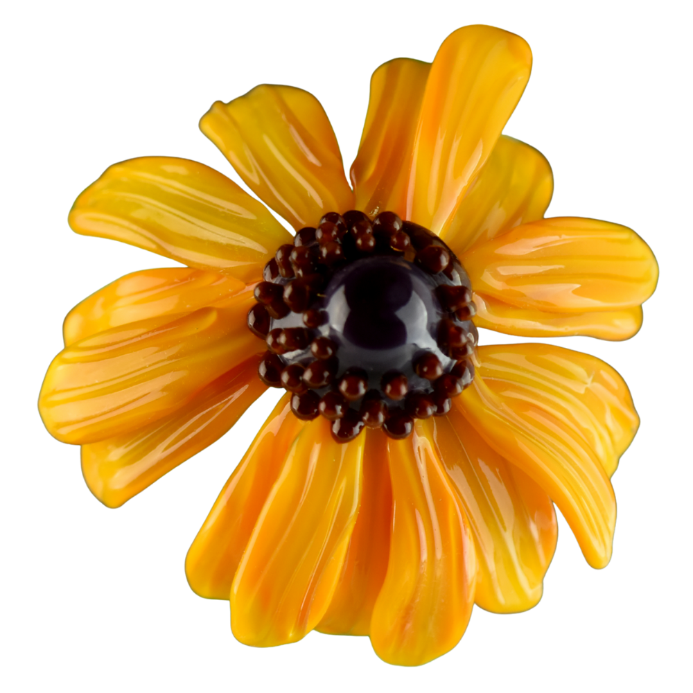 Glass flower with yellow petals and a center made of small brown beads with a shiny black bead in the middle.