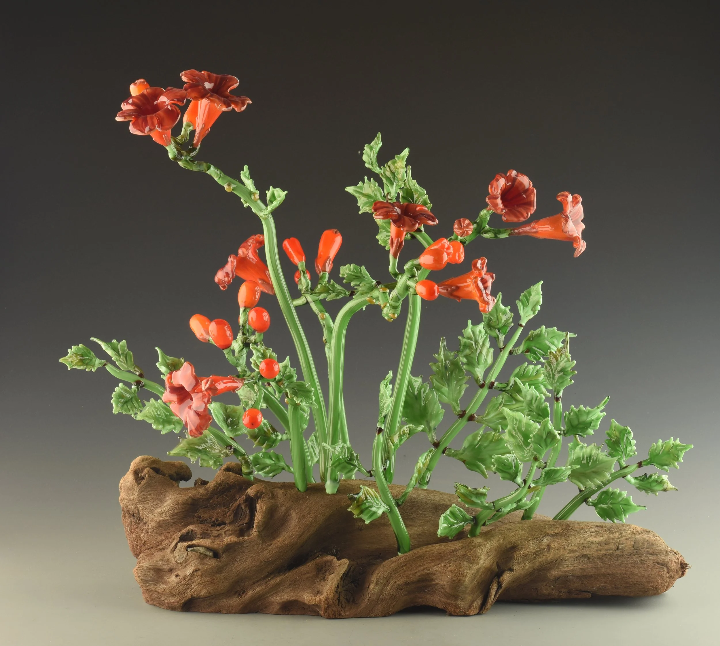 A glass sculpture of a plant with orange and red flowers and green leaves, mounted on a piece of driftwood.