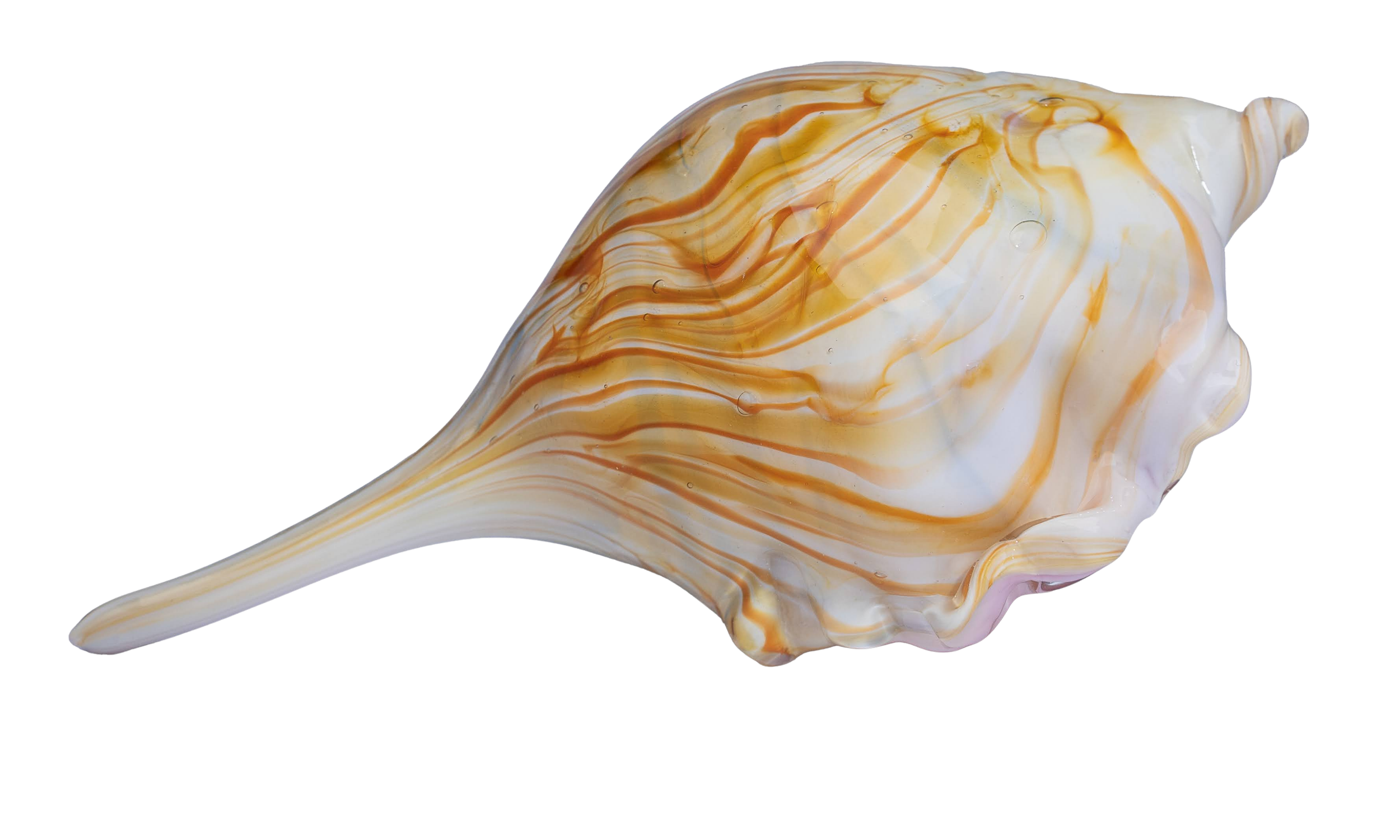 A colorful glass seashell with swirls of white, orange, and yellow.
