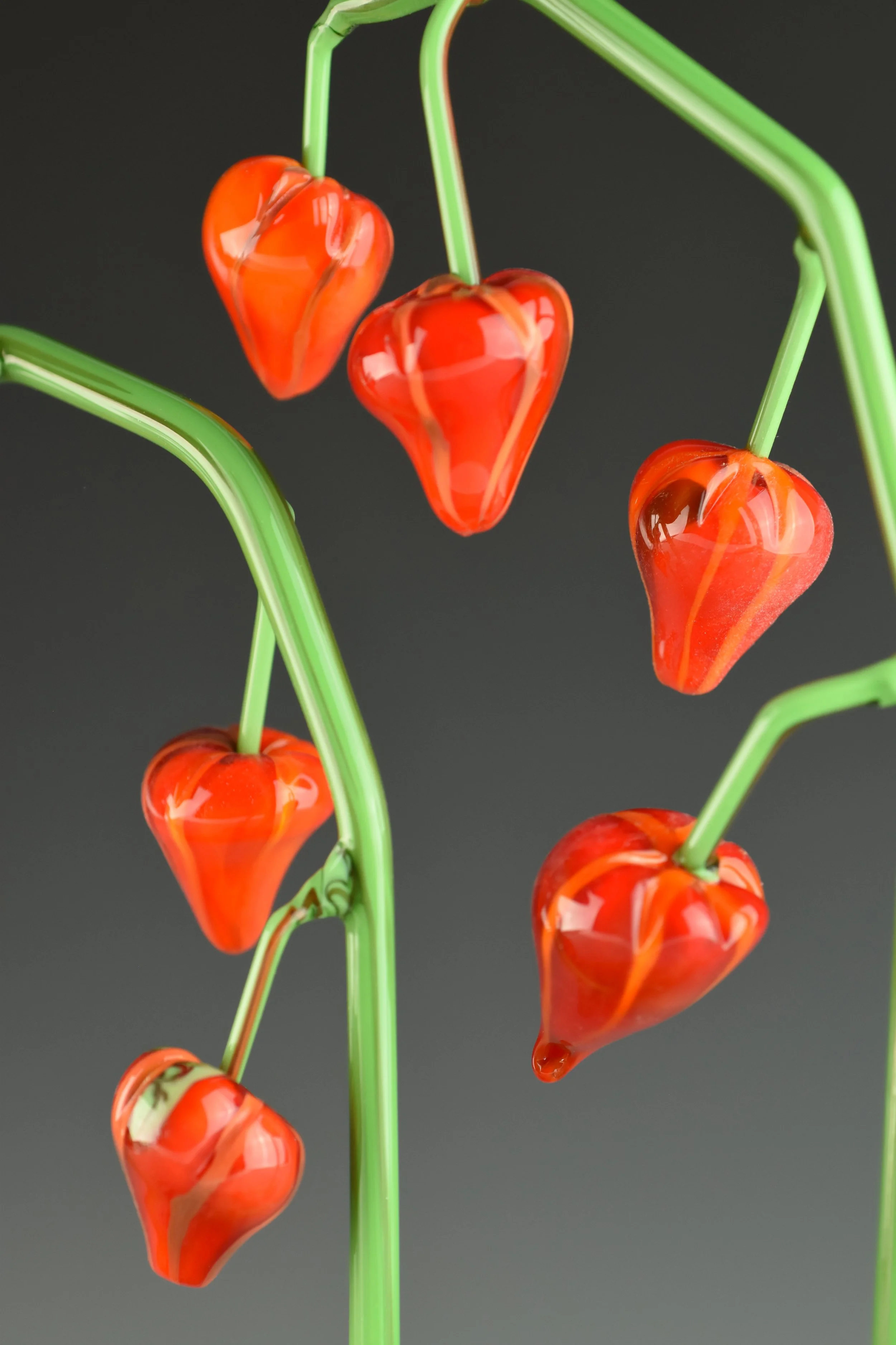 Close-up of a cluster of orange-red, glass-like, heart-shaped pendants hanging from green stems against a dark background.