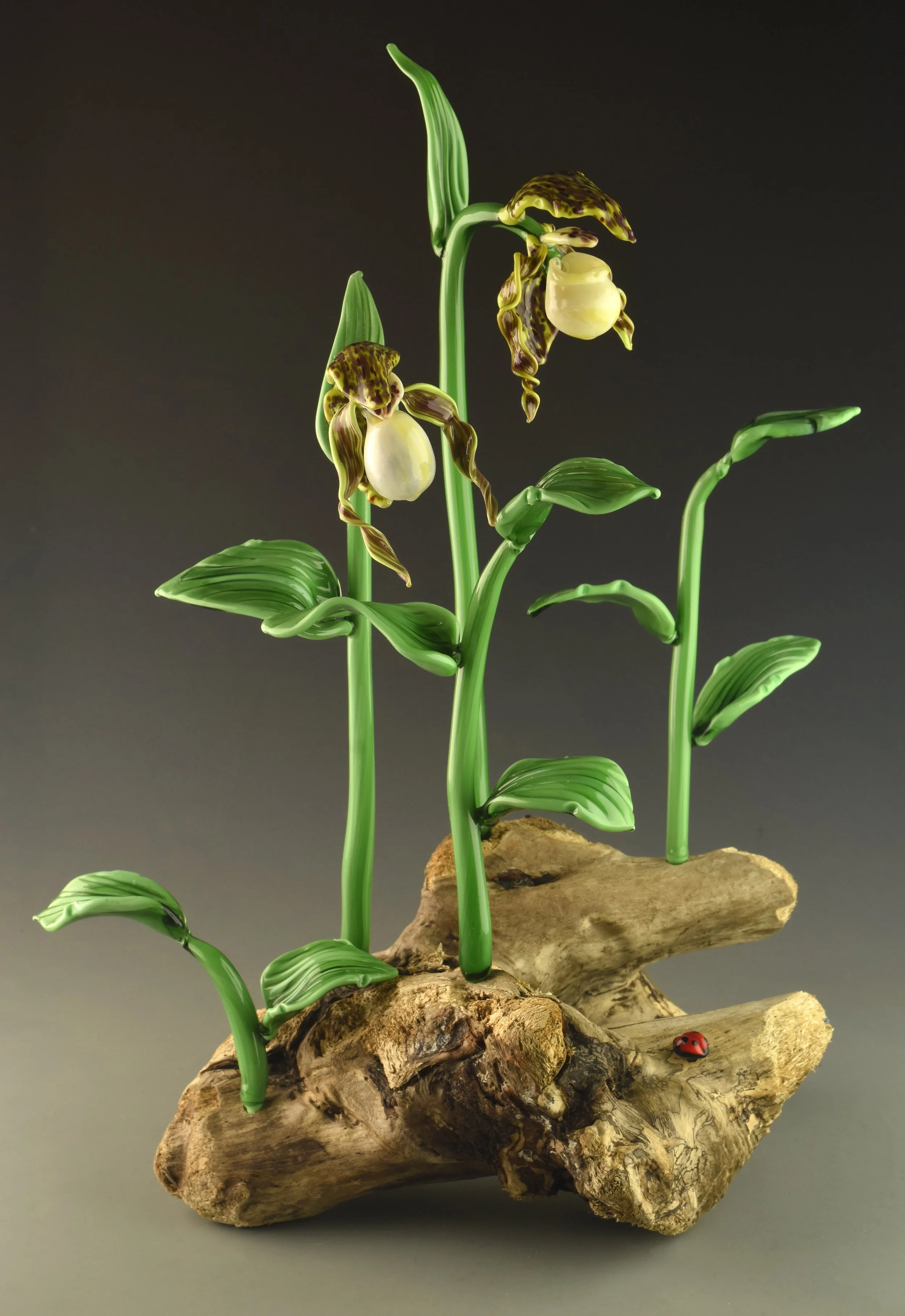 A decorative piece featuring green plant stems, with two orchid flowers and leaves, set on a piece of driftwood, with a small ladybug figurine on the wood.
