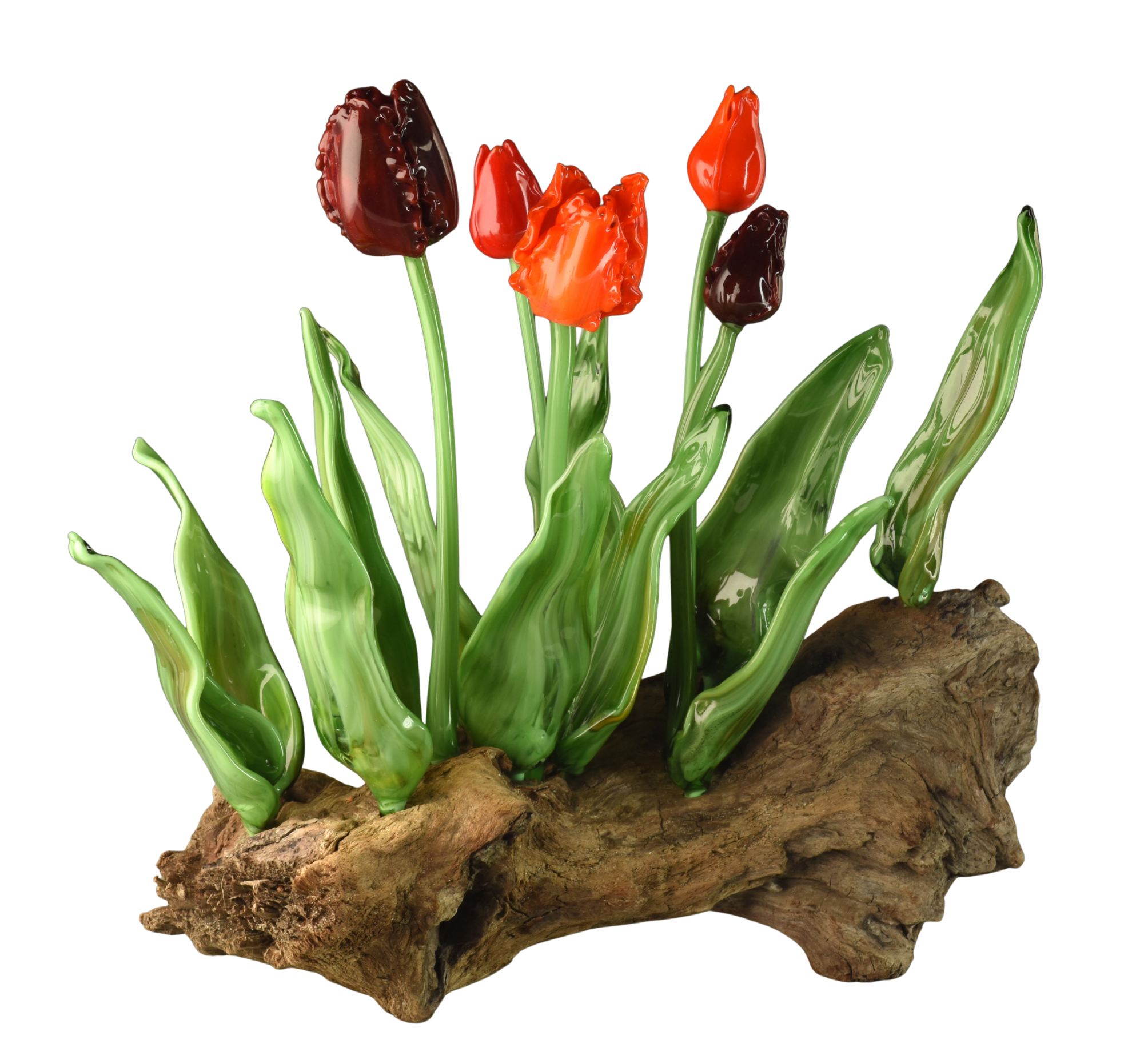 Colorful tulips with red, orange, and dark burgundy petals grow from a rocky wooden base.
