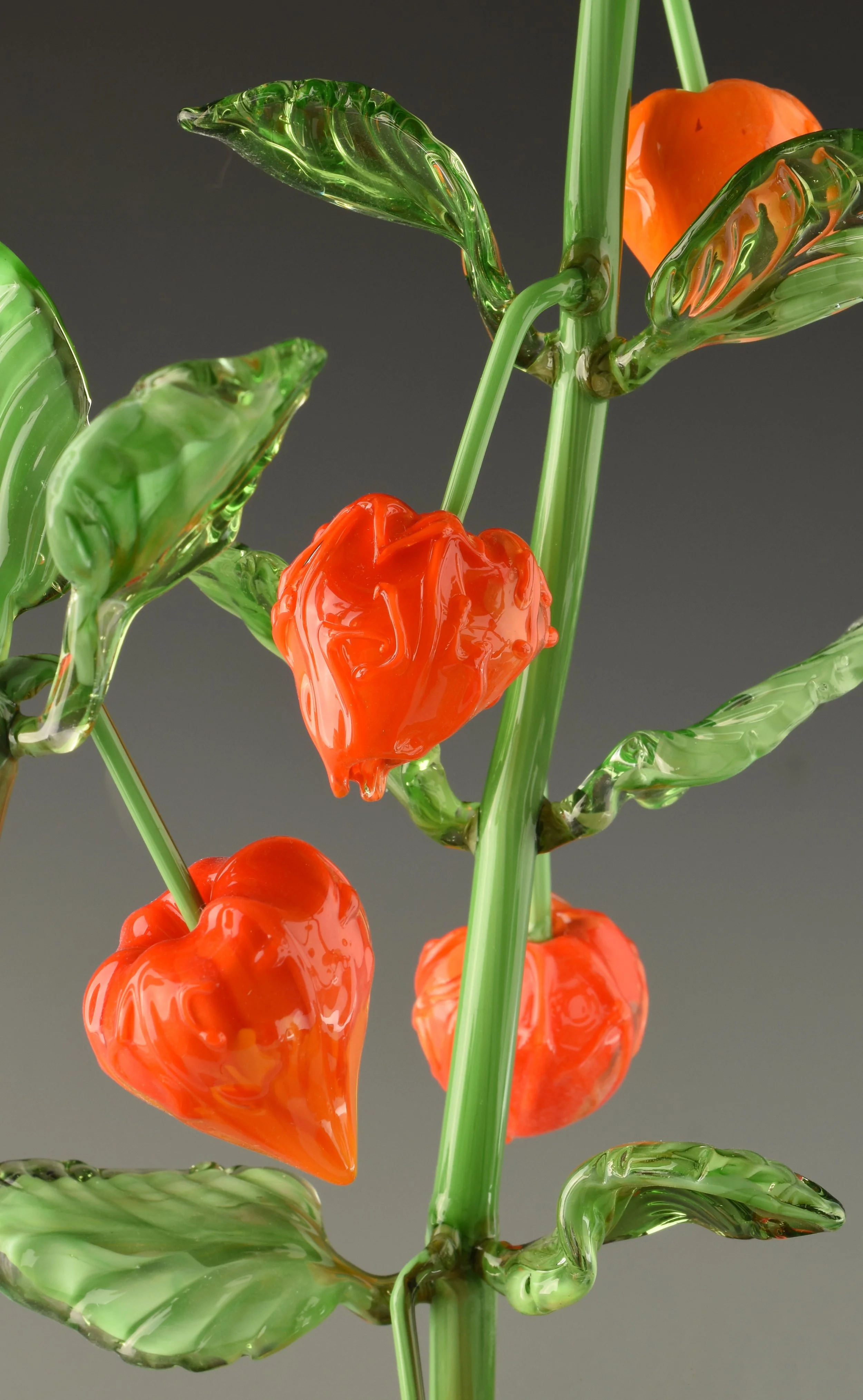 Art glass sculpture resembling a plant with bright orange, heart-shaped flowers, green leaves, and stems against a gray background.