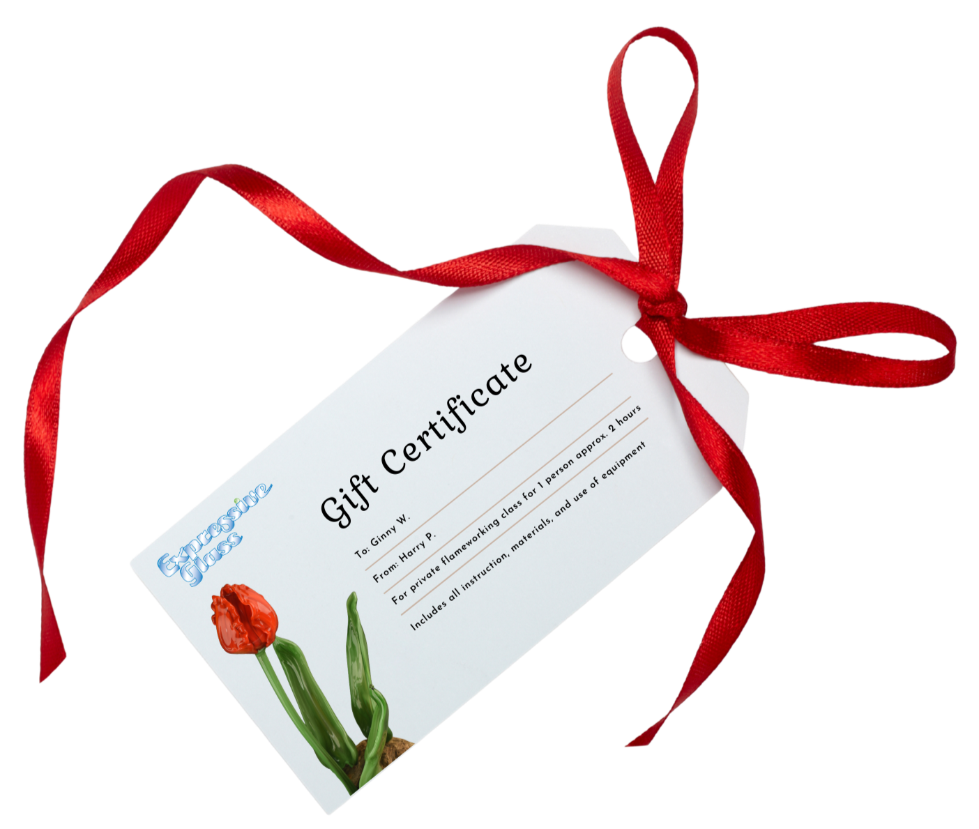 Gift certificate for a glass art class with a red ribbon, including instructions, materials, and equipment usage, with a flower illustration.