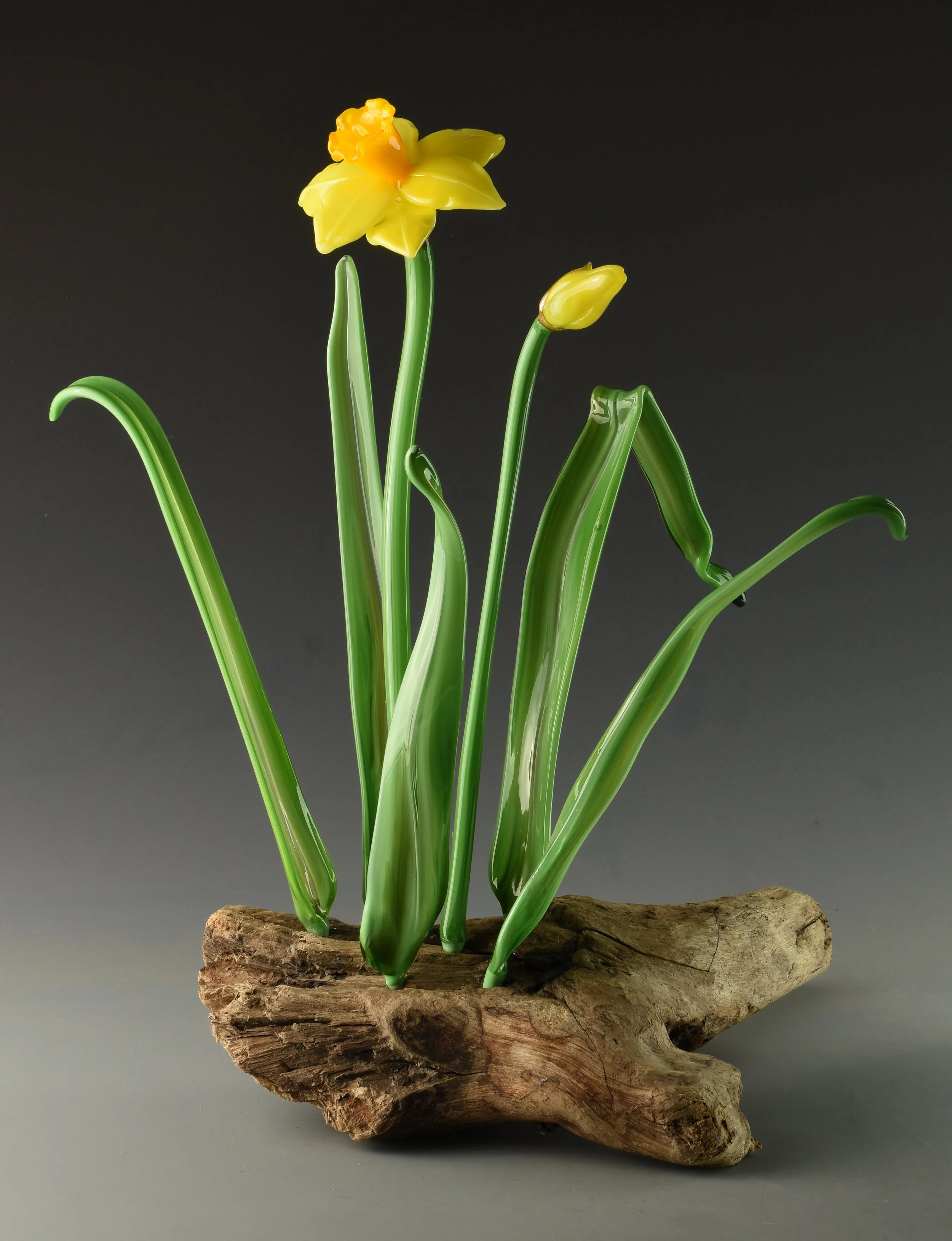 Glass sculpture of yellow daffodil flowers with green stems on a piece of driftwood.