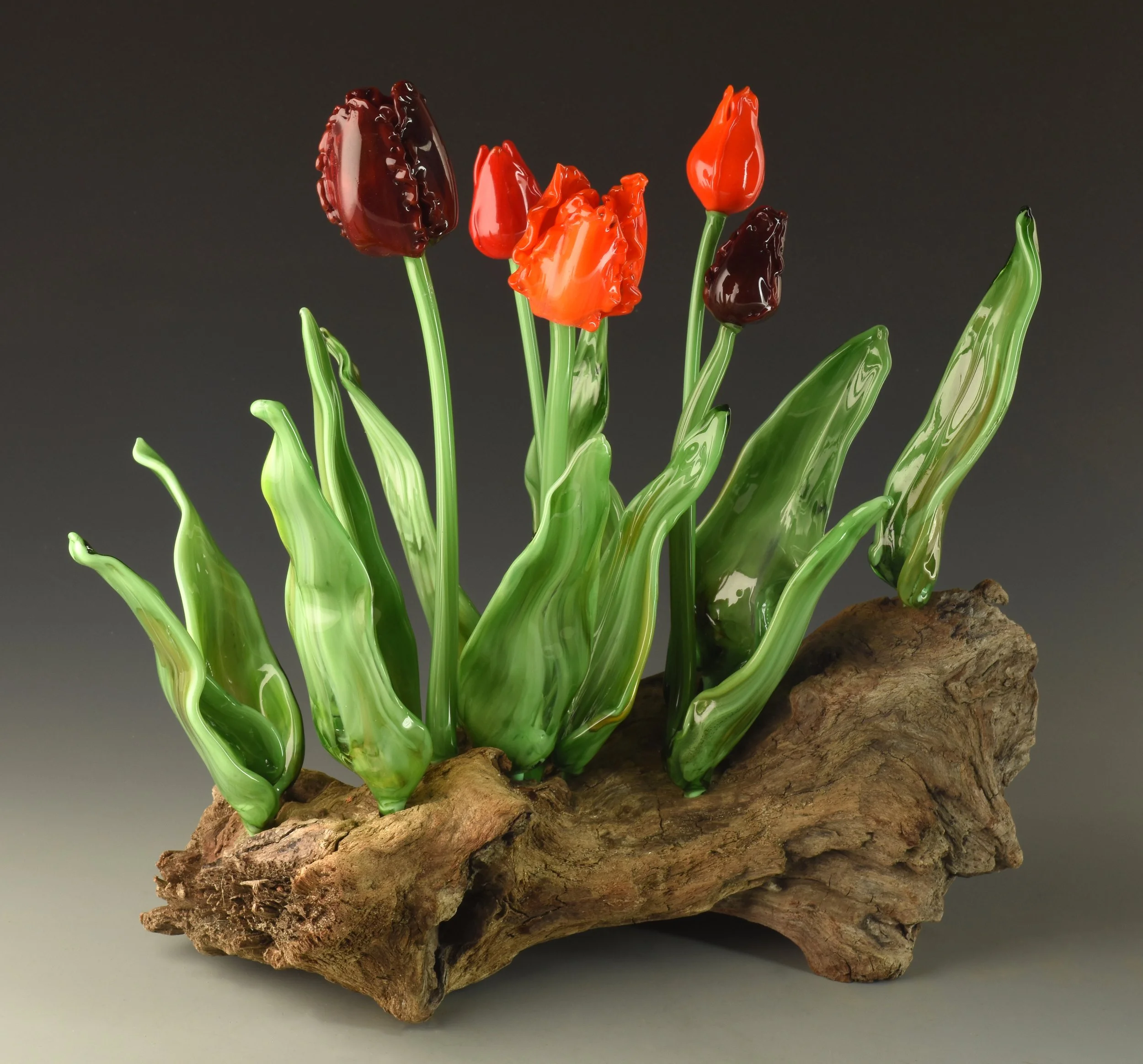 Colorful glass tulip sculptures with green stems and leaves, mounted on a rough piece of wood. The sculptures are in shades of red, orange, and burgundy, set against a dark background.