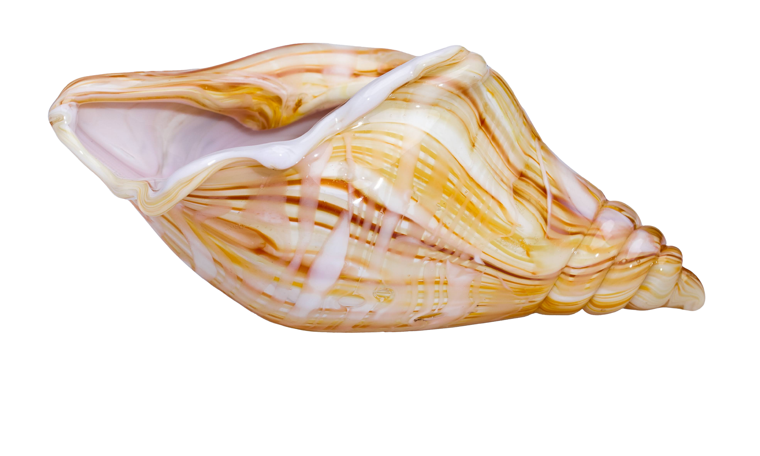 Close-up of a large, open, spiral glass seashell with orange, white, and pink swirls and intricate ridges.