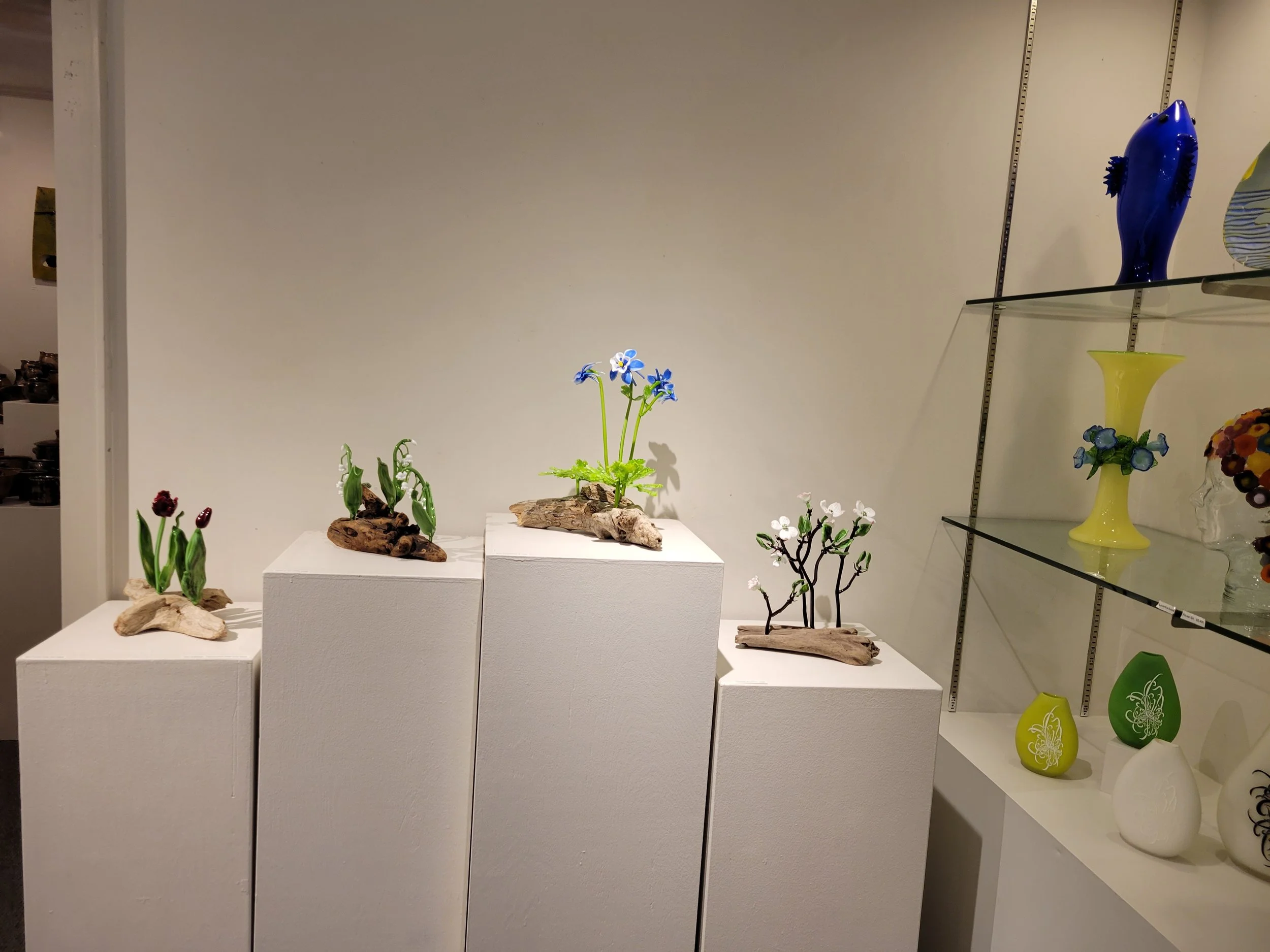 Display of decorative glass vases with flowers and rocks on white pedestals in a gallery or store setting.