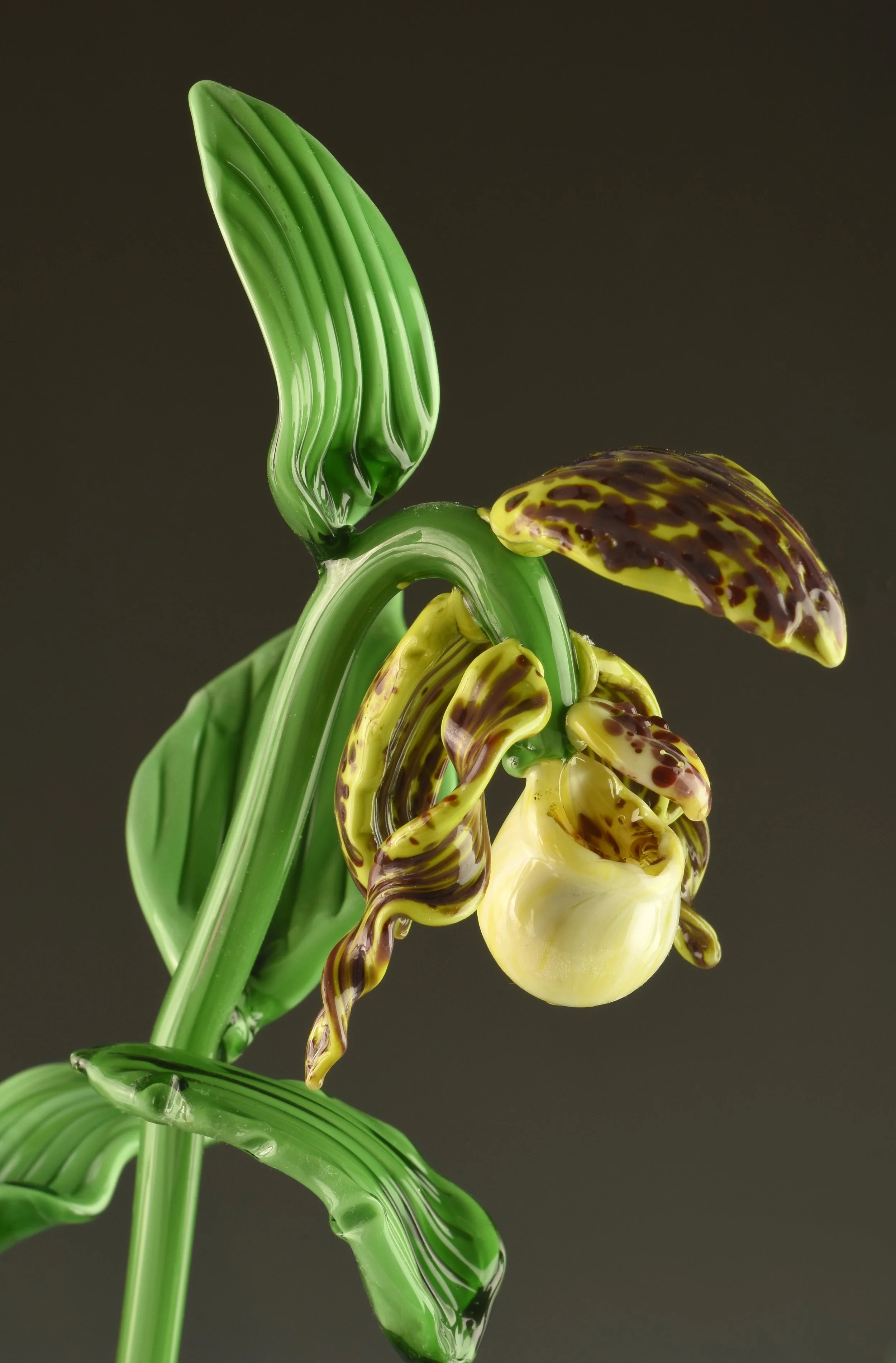 A glass sculpture of a yellow flower with purple spots and green leaves, crafted with transparent glass and detailed textures.