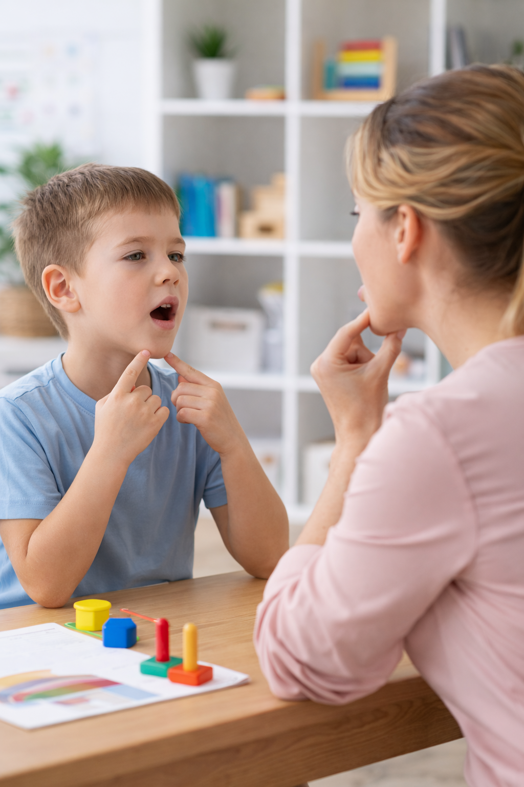 A young boy is talking to a female therapist or counselor during a therapy session. They are sitting at a wooden table with colorful therapy tools and a chart in the foreground, in a bright, organized room with bookshelves and plants in the background.