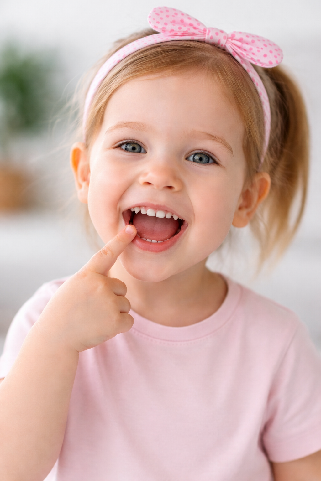 A young girl smiling with her finger touching her missing tooth, wearing a pink shirt and a pink polka dot bow headband.