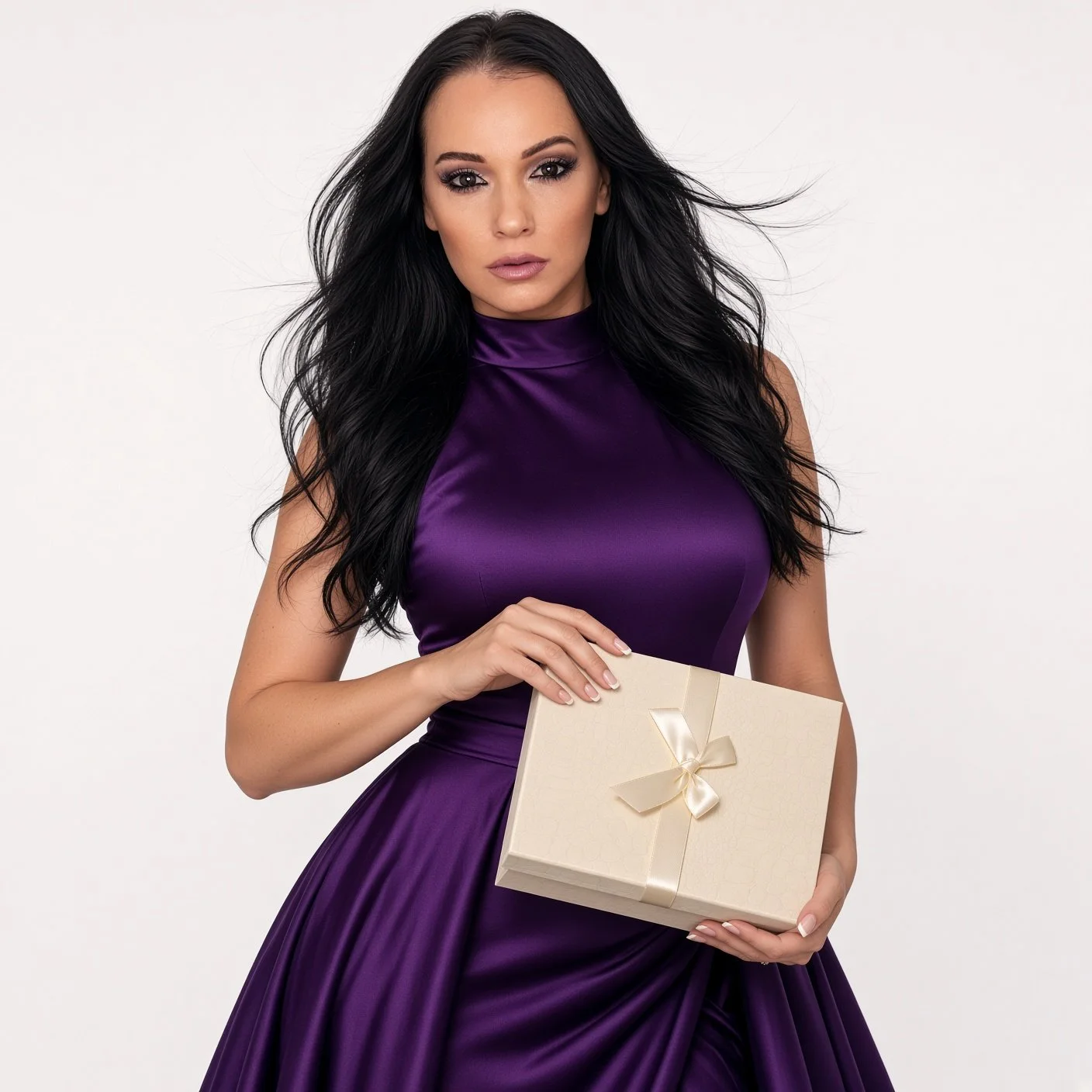 Woman in a purple satin dress holds a cream gift box from the Christmas collection, a warm Christmas gift set for her or him by Laroc Jewel.