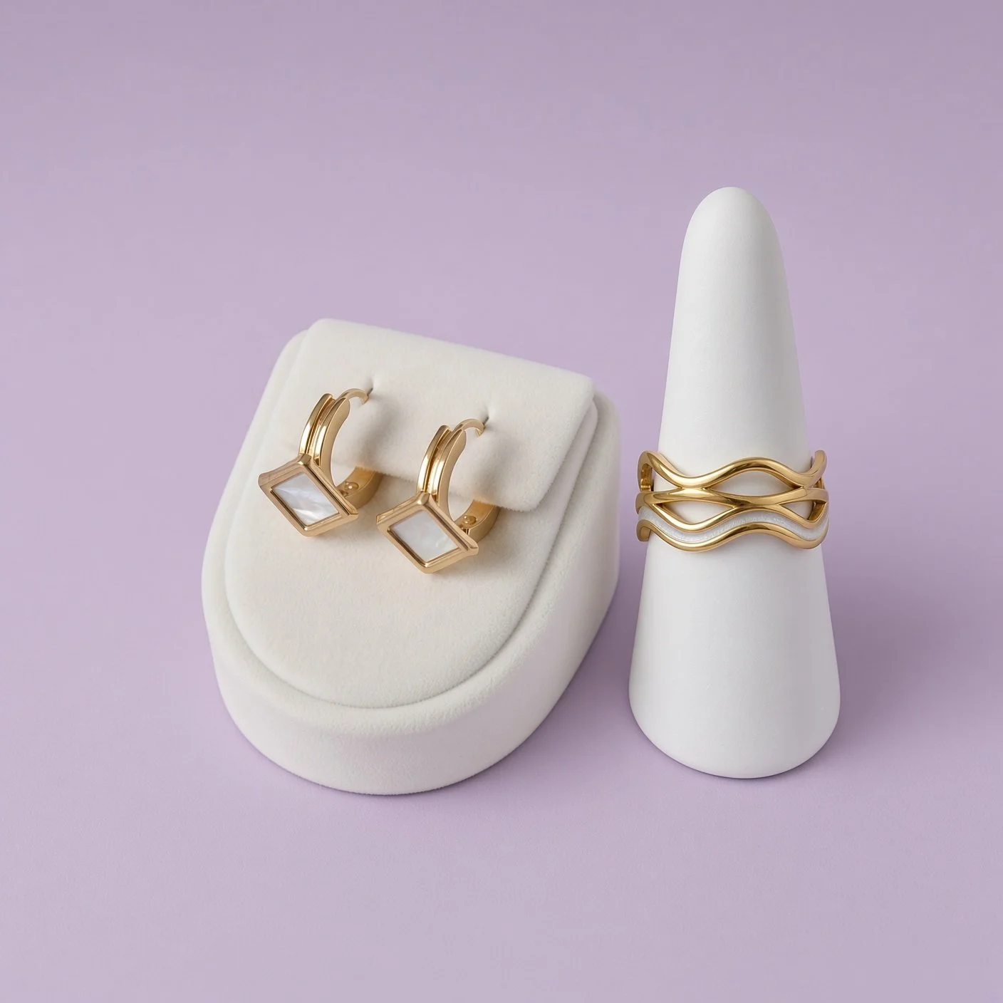 Christmas Box Ten: gold-plated square pearly earrings and wave ring