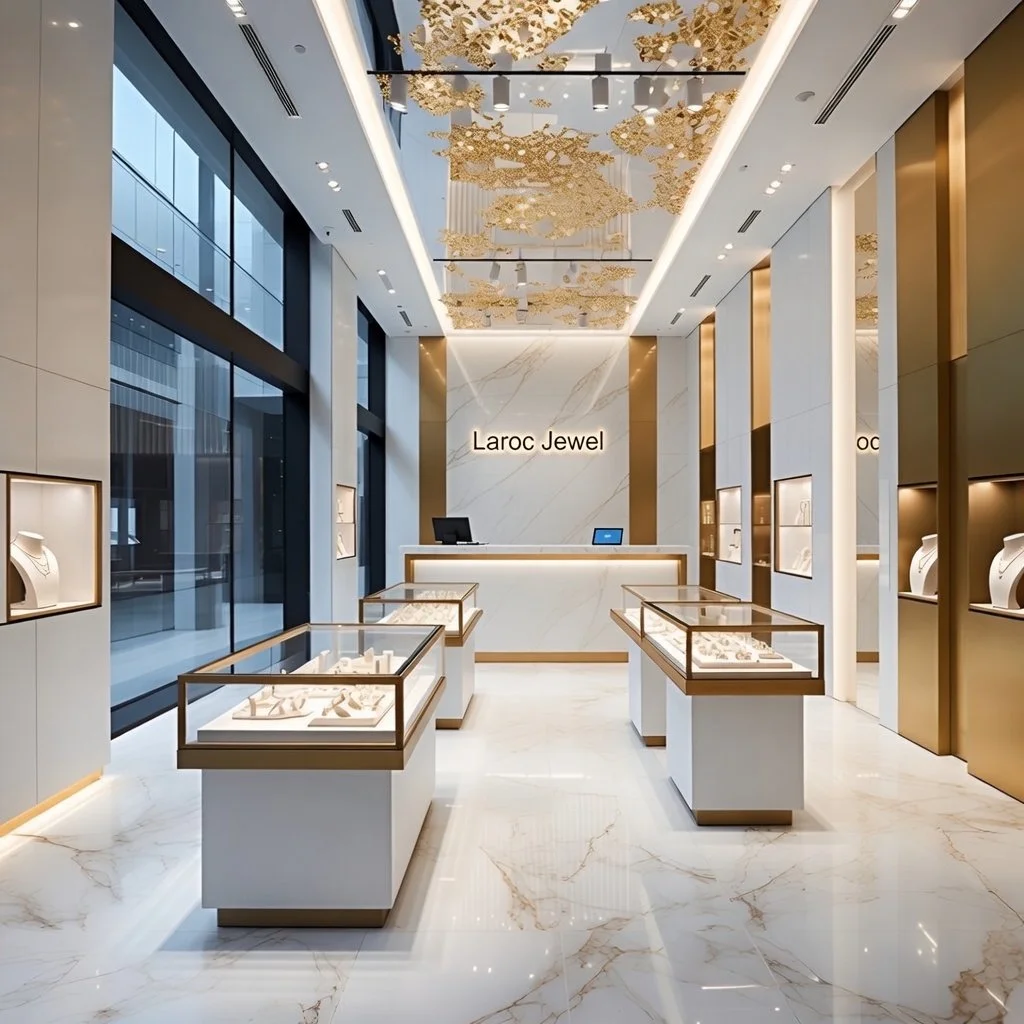 Interior view of Laroc Jewel, a jewelry store with display cases, modern lighting, and elegant decor.