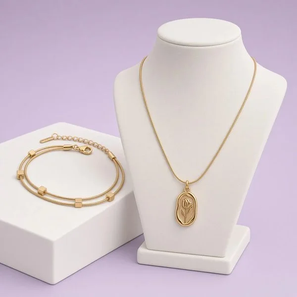 Christmas Box Eight: gold-plated tulip pendant necklace and double-strand cube bracelet