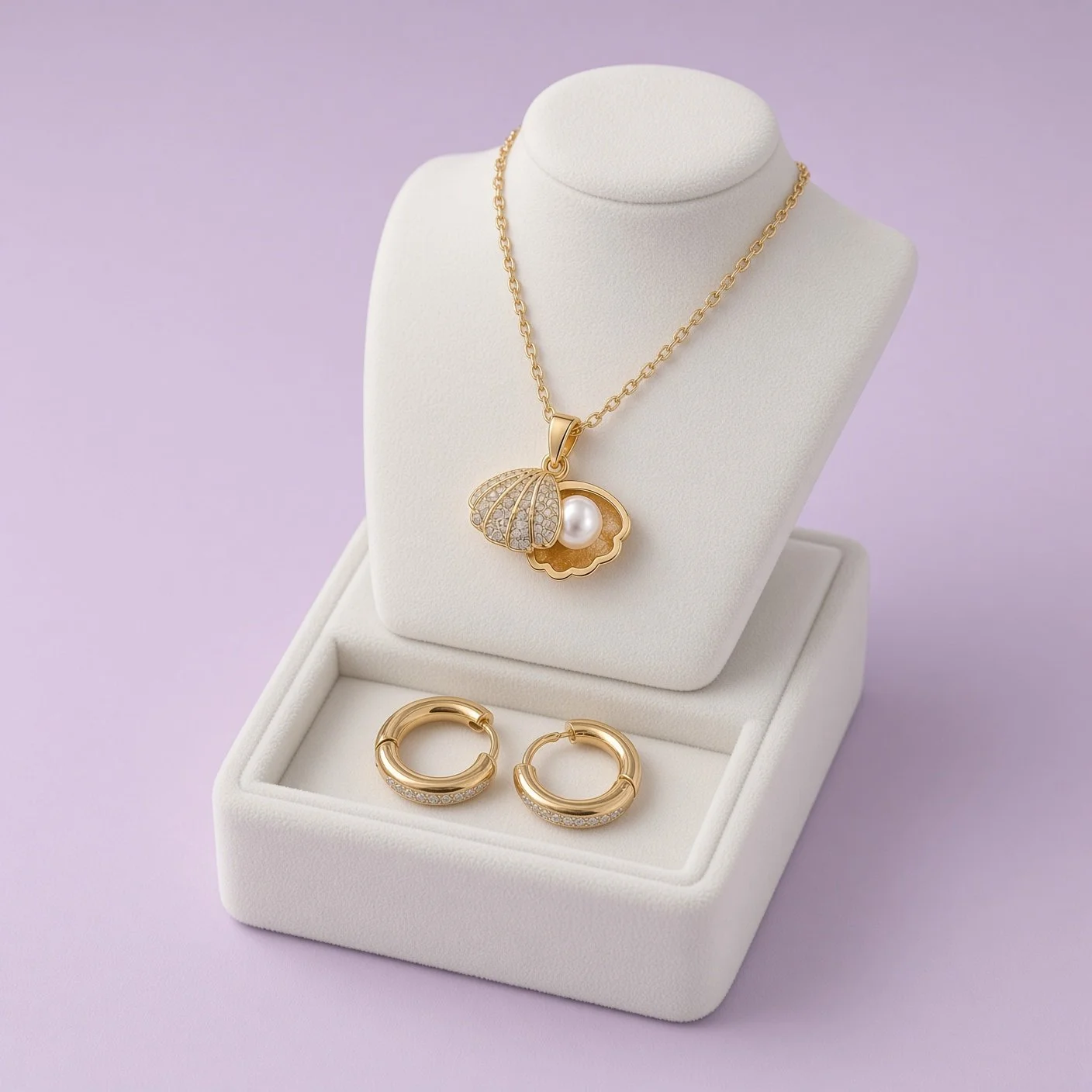 Christmas Box Eleven: gold-plated shell pearl necklace and pavé hoop earrings