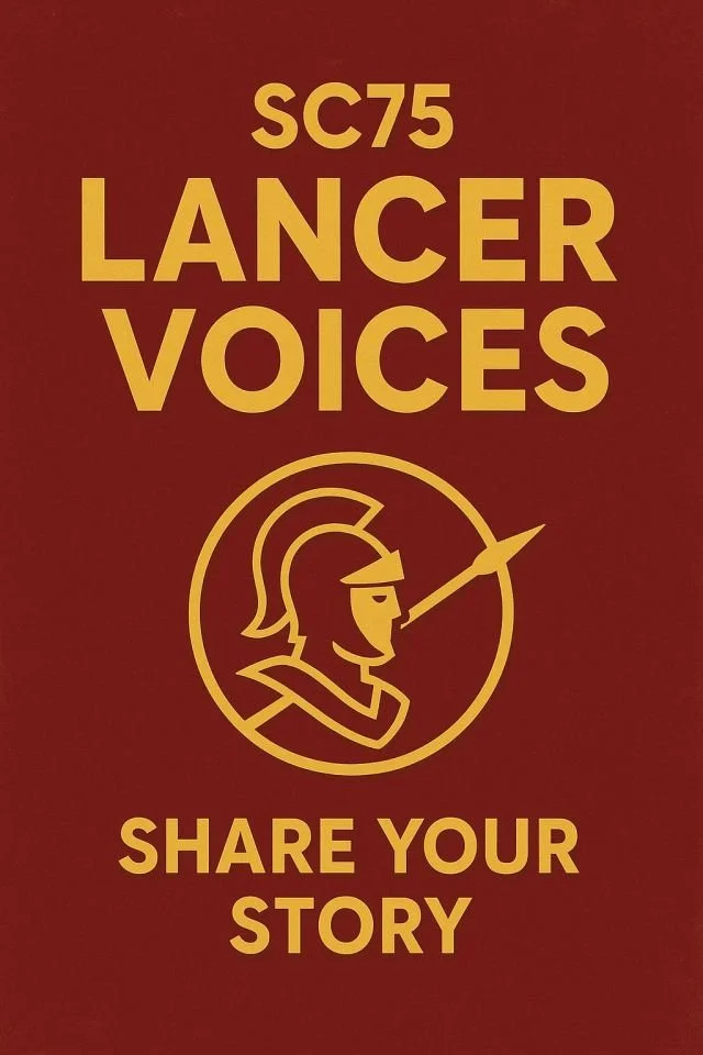 Logo of Lancer Voices with a stylized illustration of a lancer helmeted figure holding a lance, and text encouraging sharing stories.