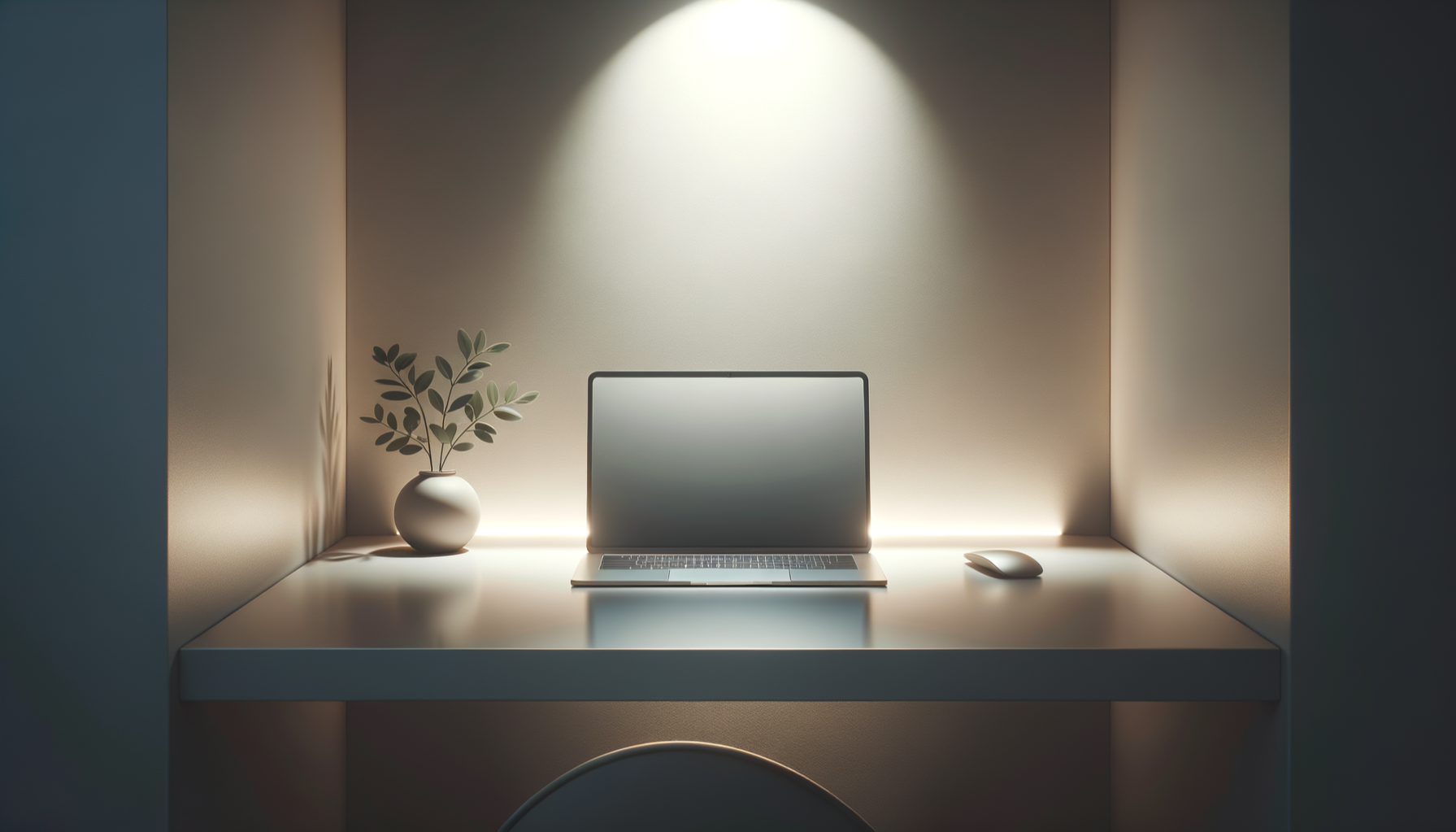 Minimalist workspace with a laptop, a white mouse, and a potted plant on a light-colored desk, illuminated by overhead light.