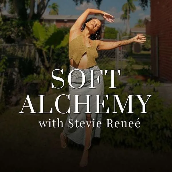 Stevie Reneé dancing outdoors in sunlight, wearing a tan top and gray bottoms, with palm trees and a fence in the background. Overlaid text reads 'Soft Alchemy with Stevie Reneé'.