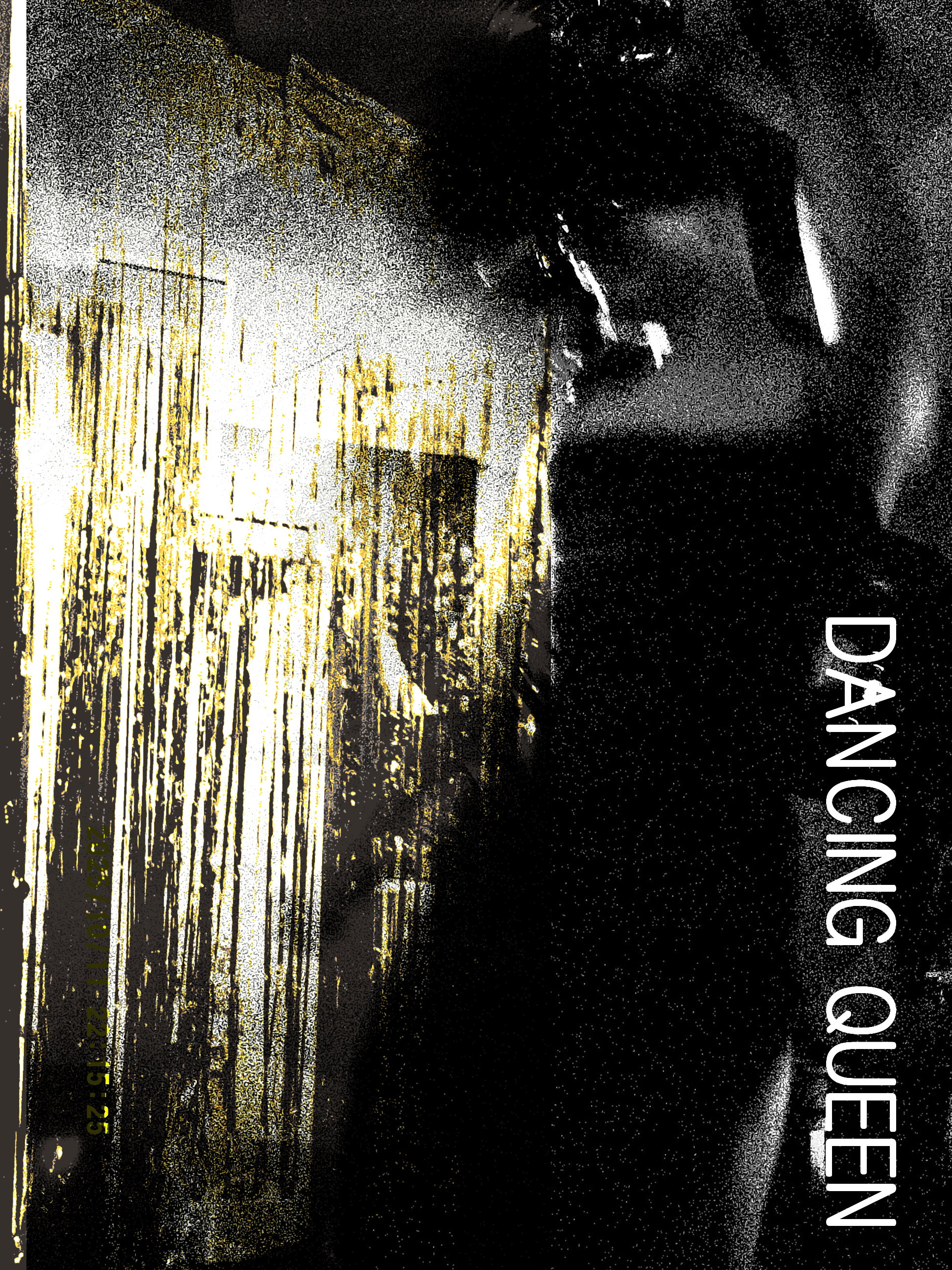 A person dancing in a dark room with a textured floor, and there is a sign with the text 'DANCING QUEEN' on the right side.