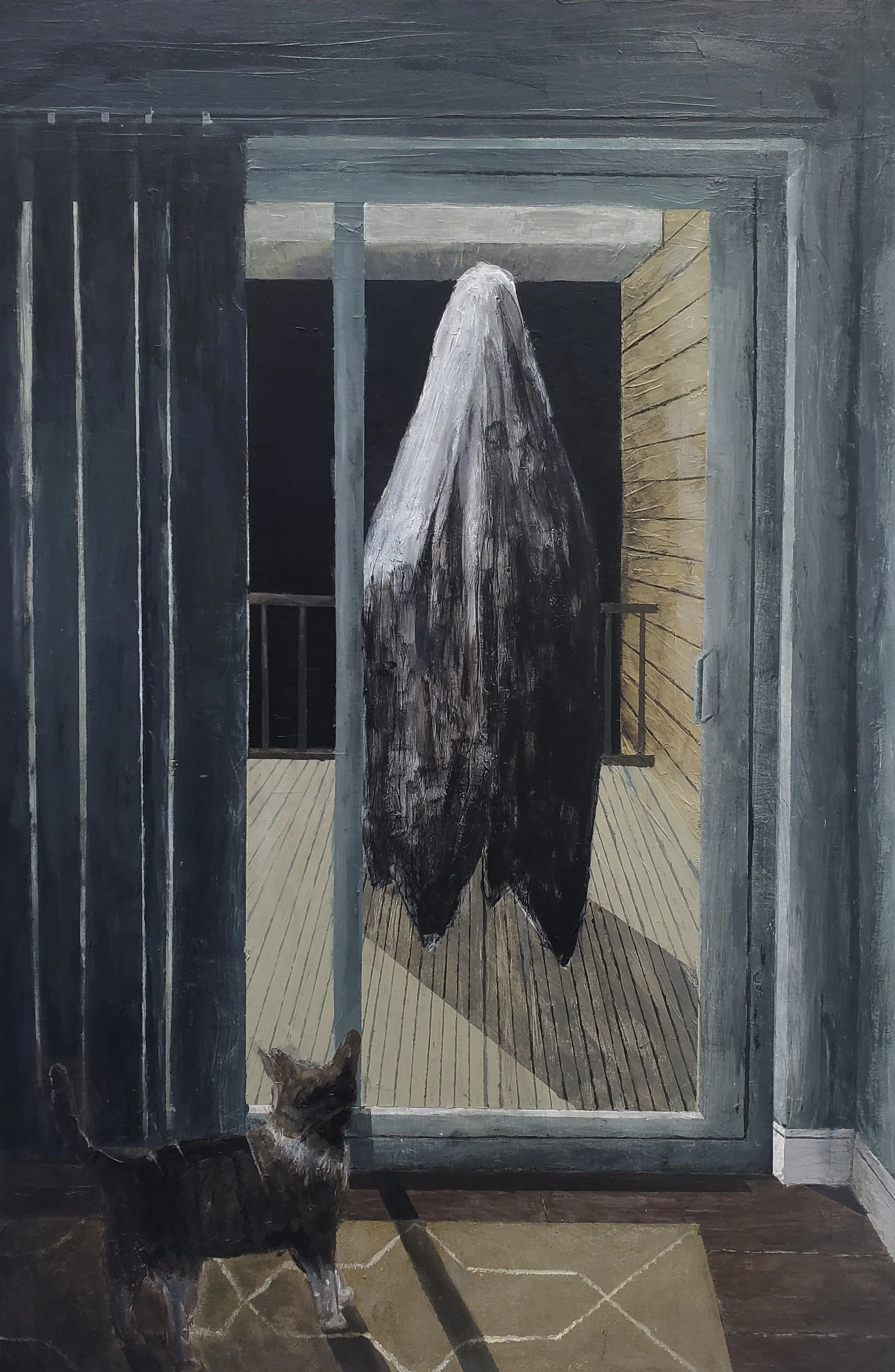 A painting depicting a cat looking at a large moth on a balcony door at night, with the moth's wings partially blocking the door and a dark background outside.
