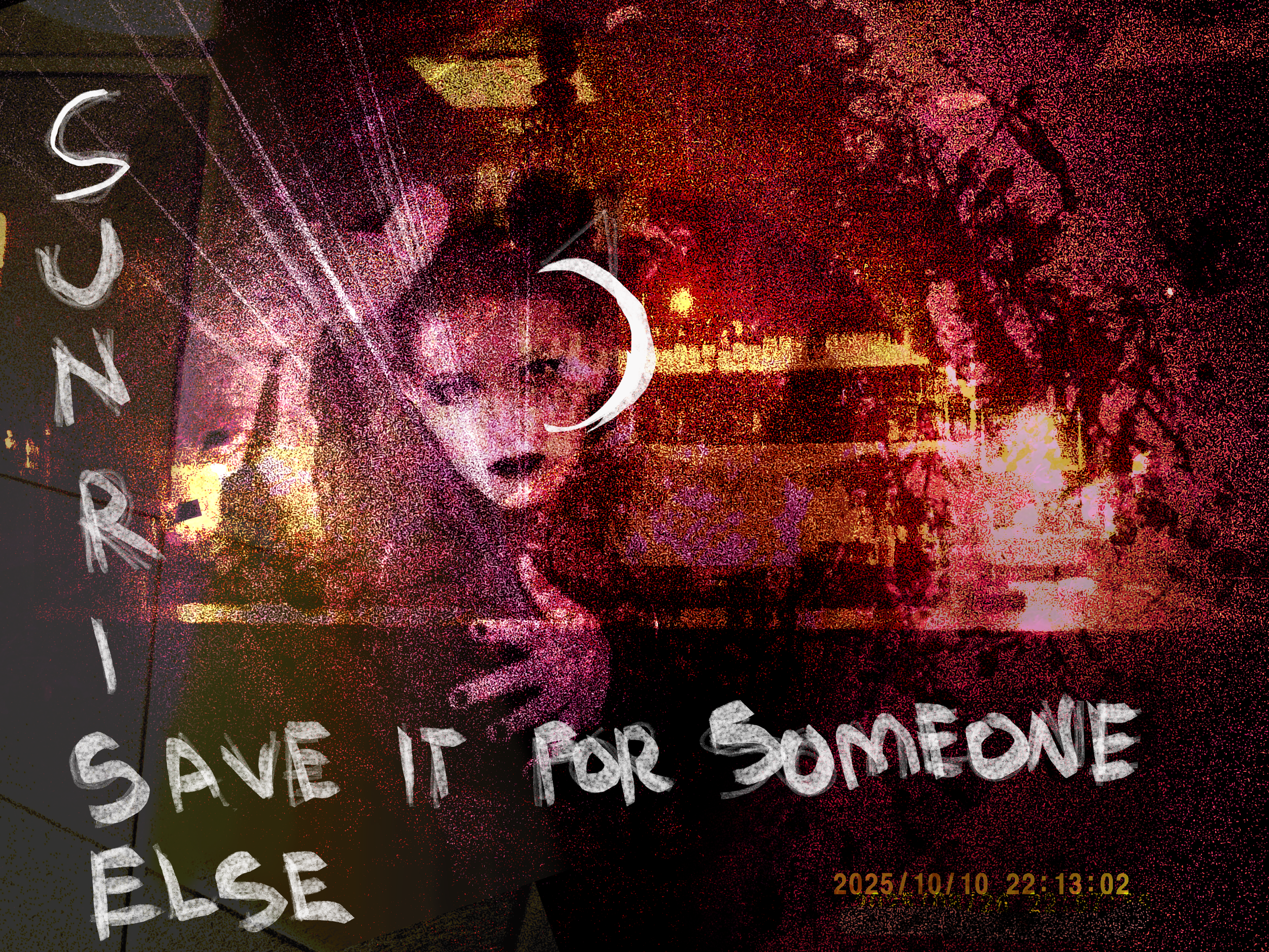 A neon sign displays a woman's face with makeup and lips, movies behind the glass, and the words 'Save it for someone else'. The scene is outdoors at night, illuminated by streetlights and tree shadows, with the timestamp 2025/10/10 22:13:02.