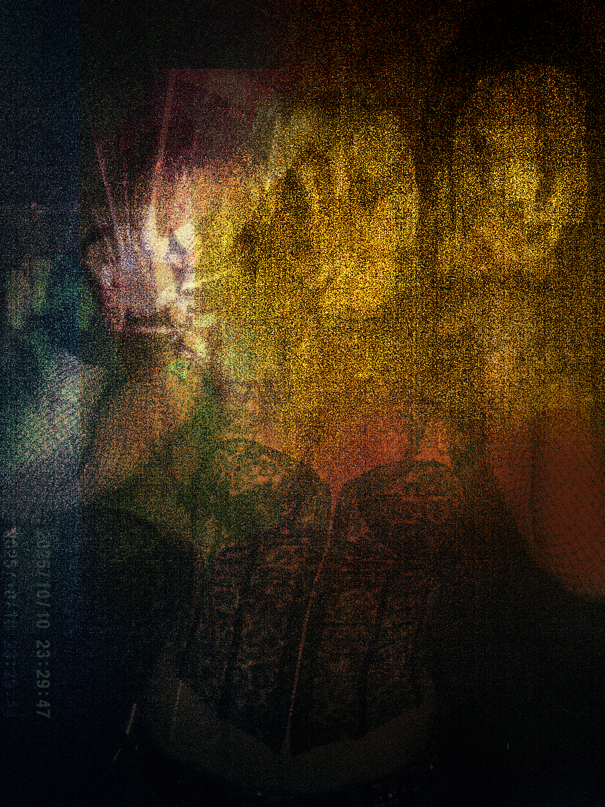 Colorful, abstract image with a mix of dark and bright areas, primarily featuring yellow, red, green, and purple hues, and grainy texture.