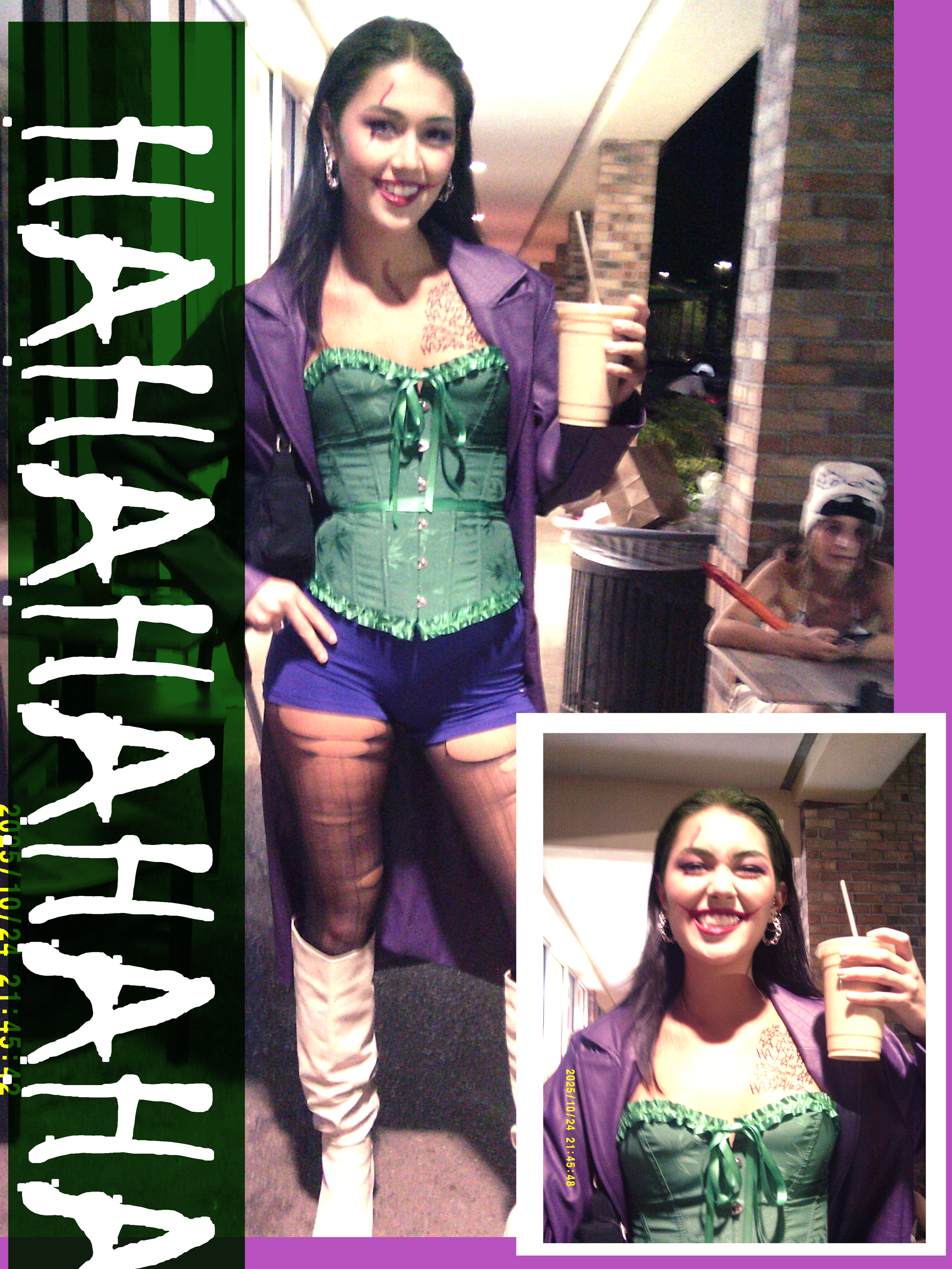 Young woman in a green corset, purple jacket, and fishnet stockings holding a drink, smiling, with a young girl in the background.