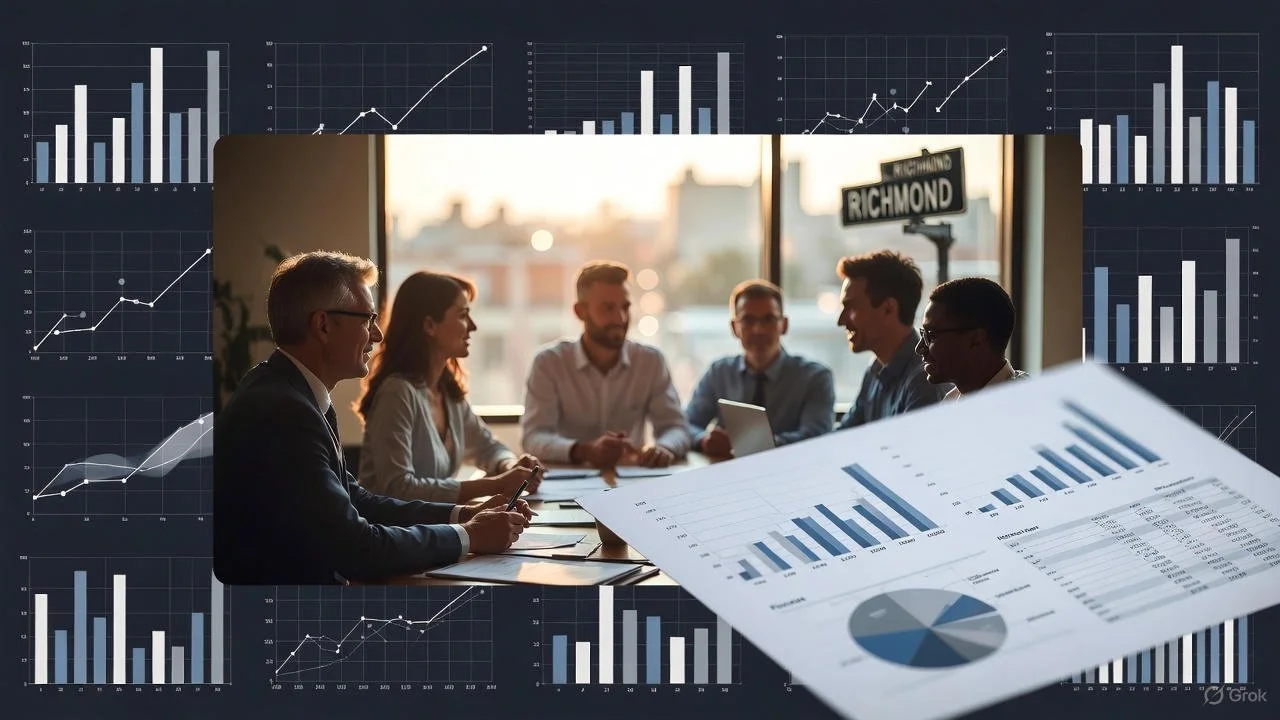 A group of six business professionals having a meeting in a conference room, with charts and graphs on a large screen and papers showing data and graphs, in front of a city view, possibly discussing financial or business performance.