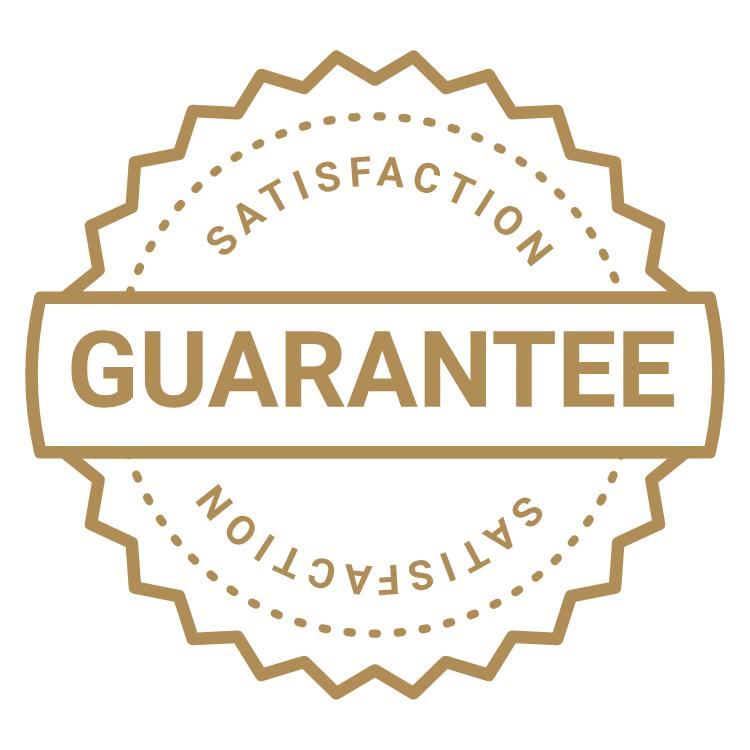 Seal badge with the words 'Satisfaction Guarantee' in gold on a black background.
