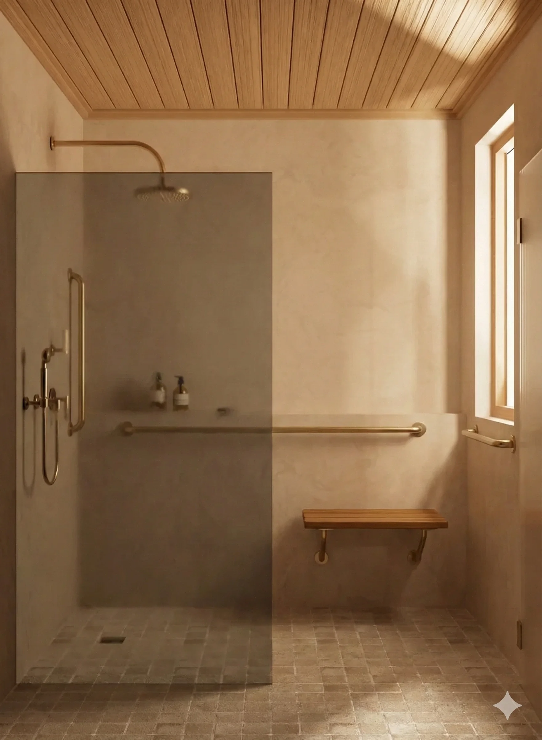 Accessible shower area with a partial glass door, handrails, a bench, and a window in a neutral-colored bathroom with wooden ceiling panels.