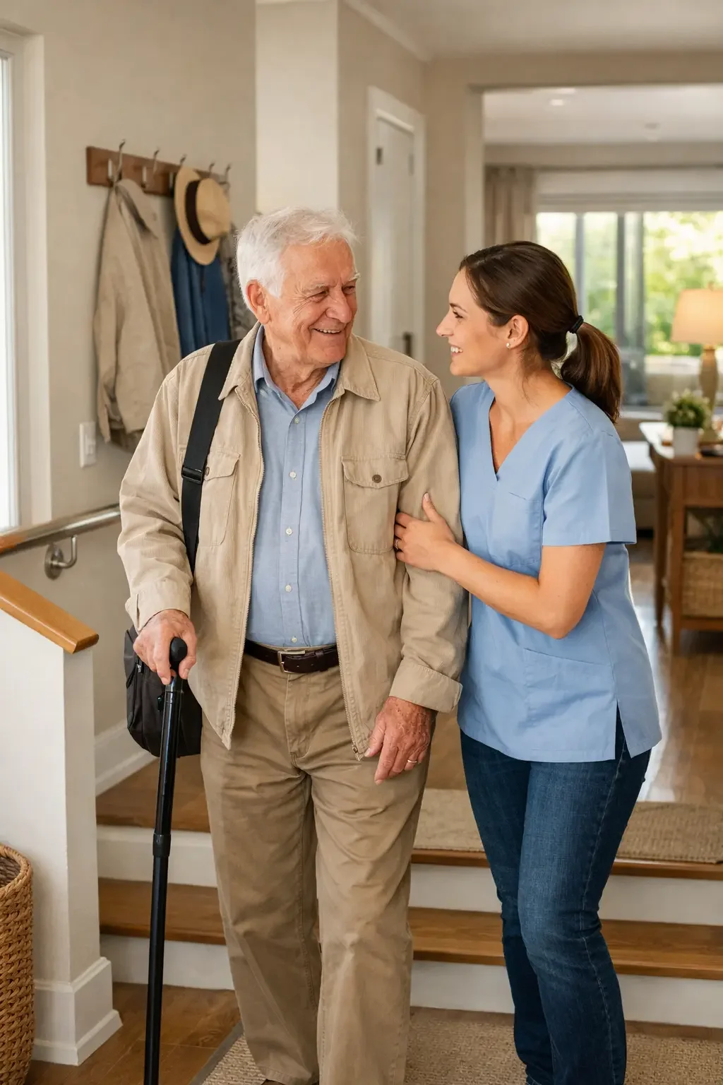 A smiling elderly man with white hair using a cane, walking with a female caregiver or nurse inside a home, both smiling at each other.